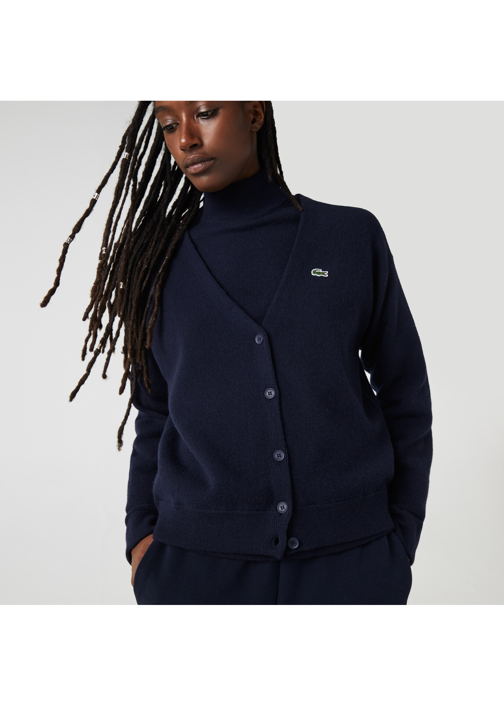 LACOSTE Cardigan col en V en laine pour femme-Marine