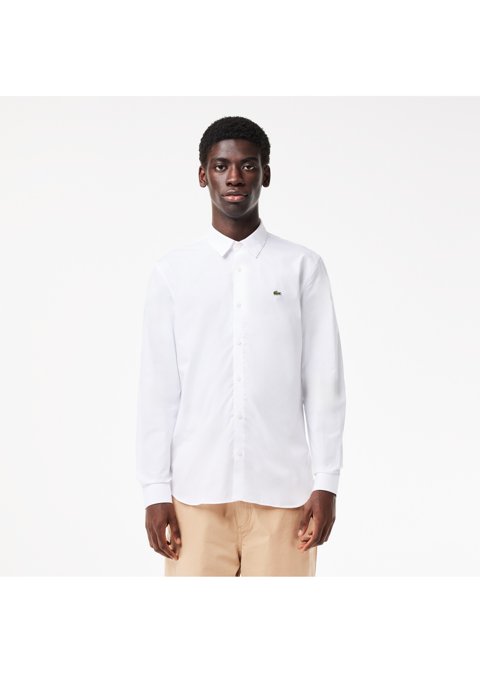 LACOSTE Chemise slim fit col français en popeline de coton pour homme-BLANC