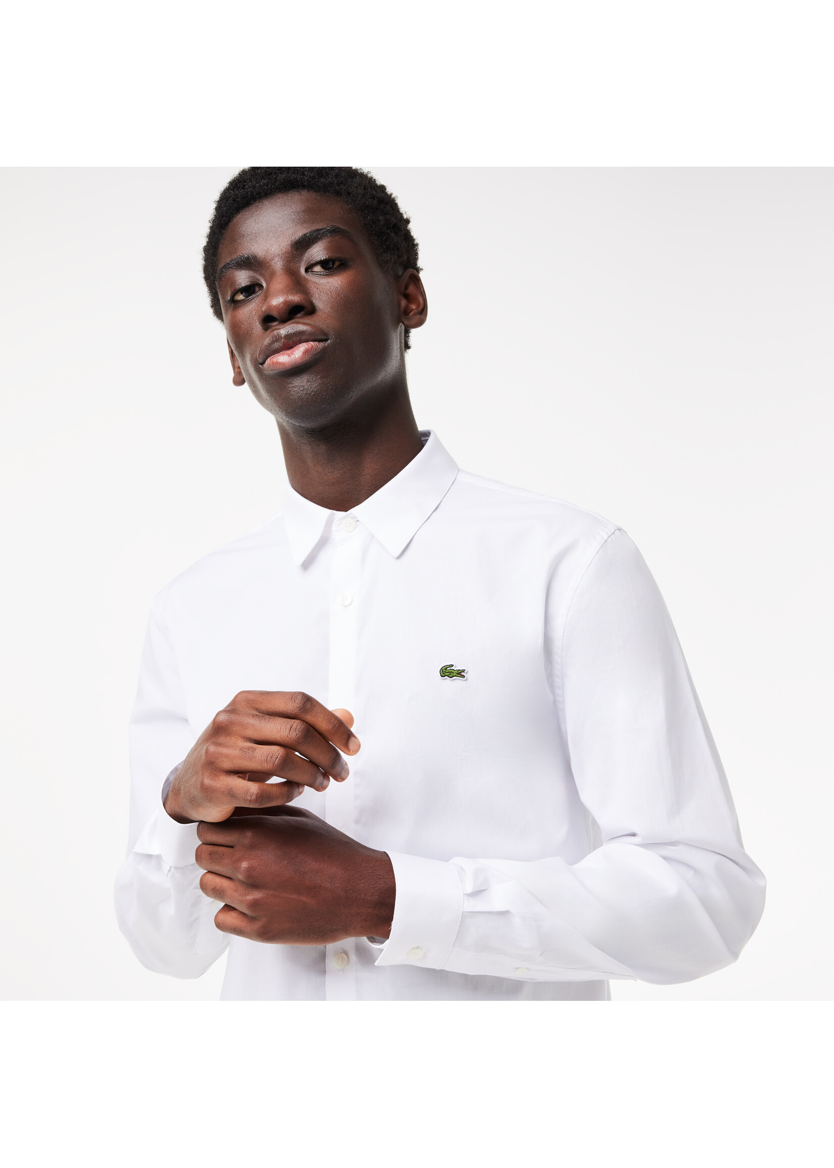 LACOSTE Chemise slim fit col français en popeline de coton pour homme-BLANC