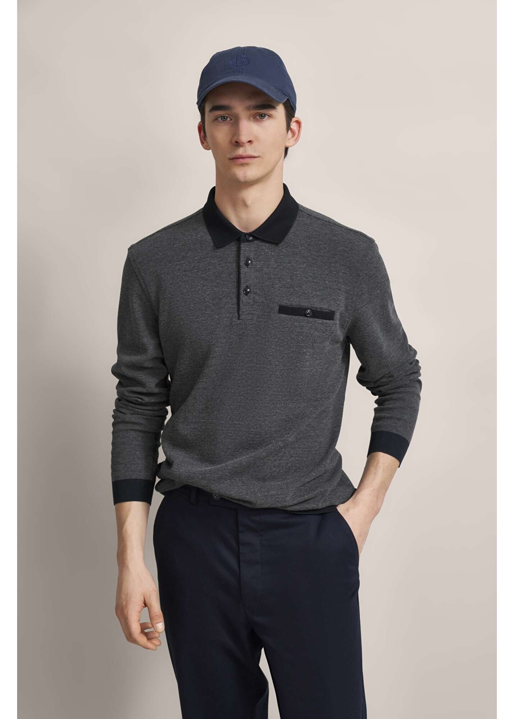 BUGATTI Long-sleeved polo shirt with structured collar in light grey