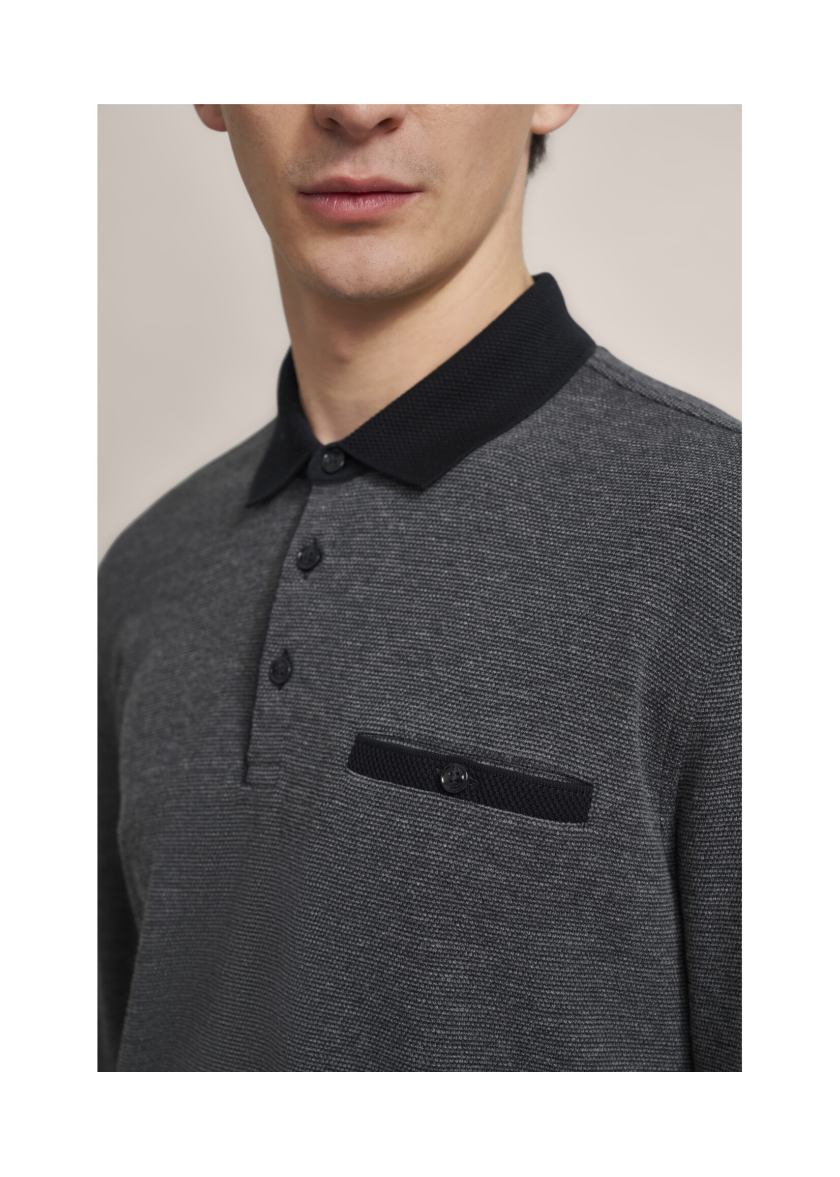 BUGATTI Long-sleeved polo shirt with structured collar in light grey