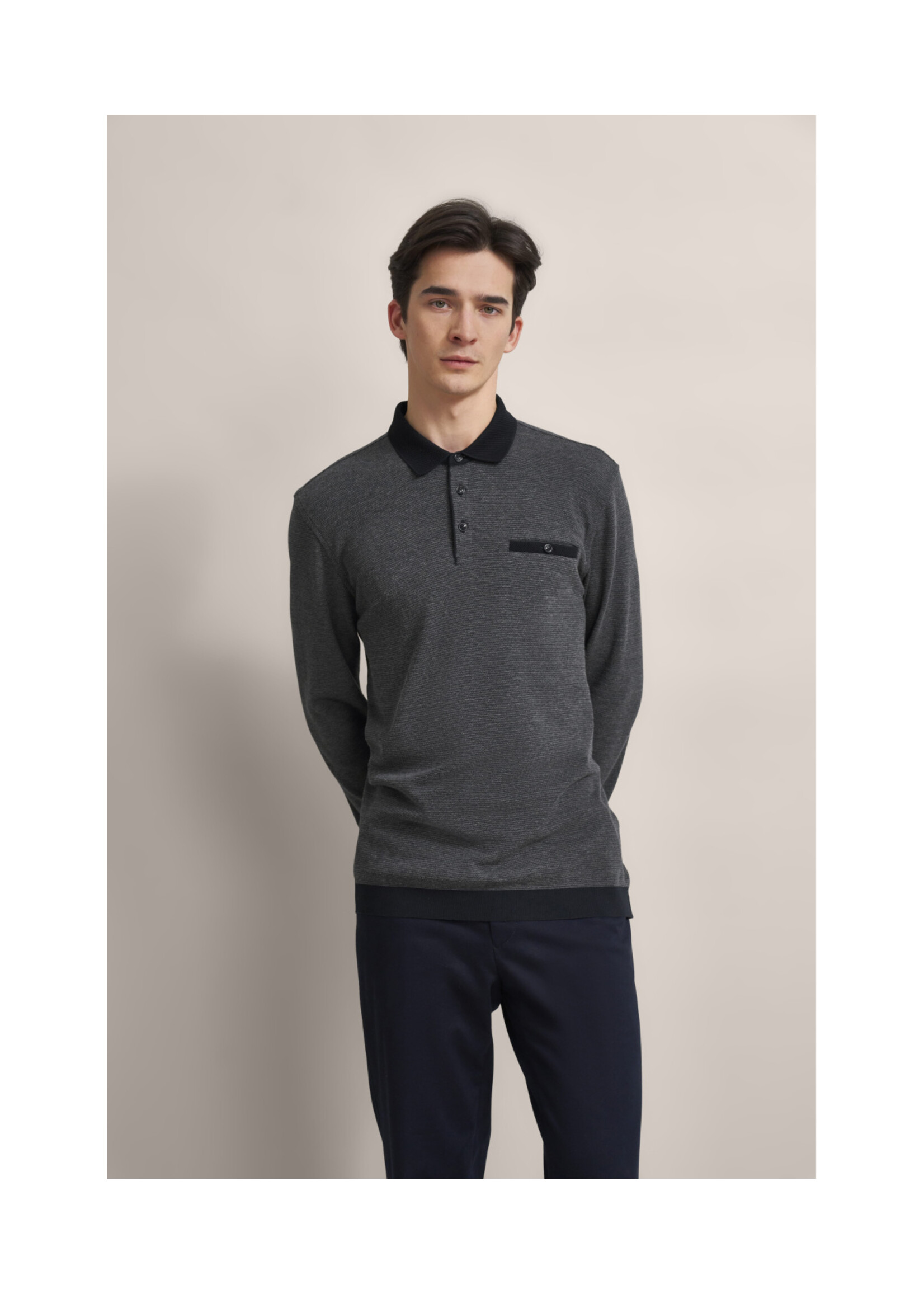 BUGATTI Long-sleeved polo shirt with structured collar in light grey
