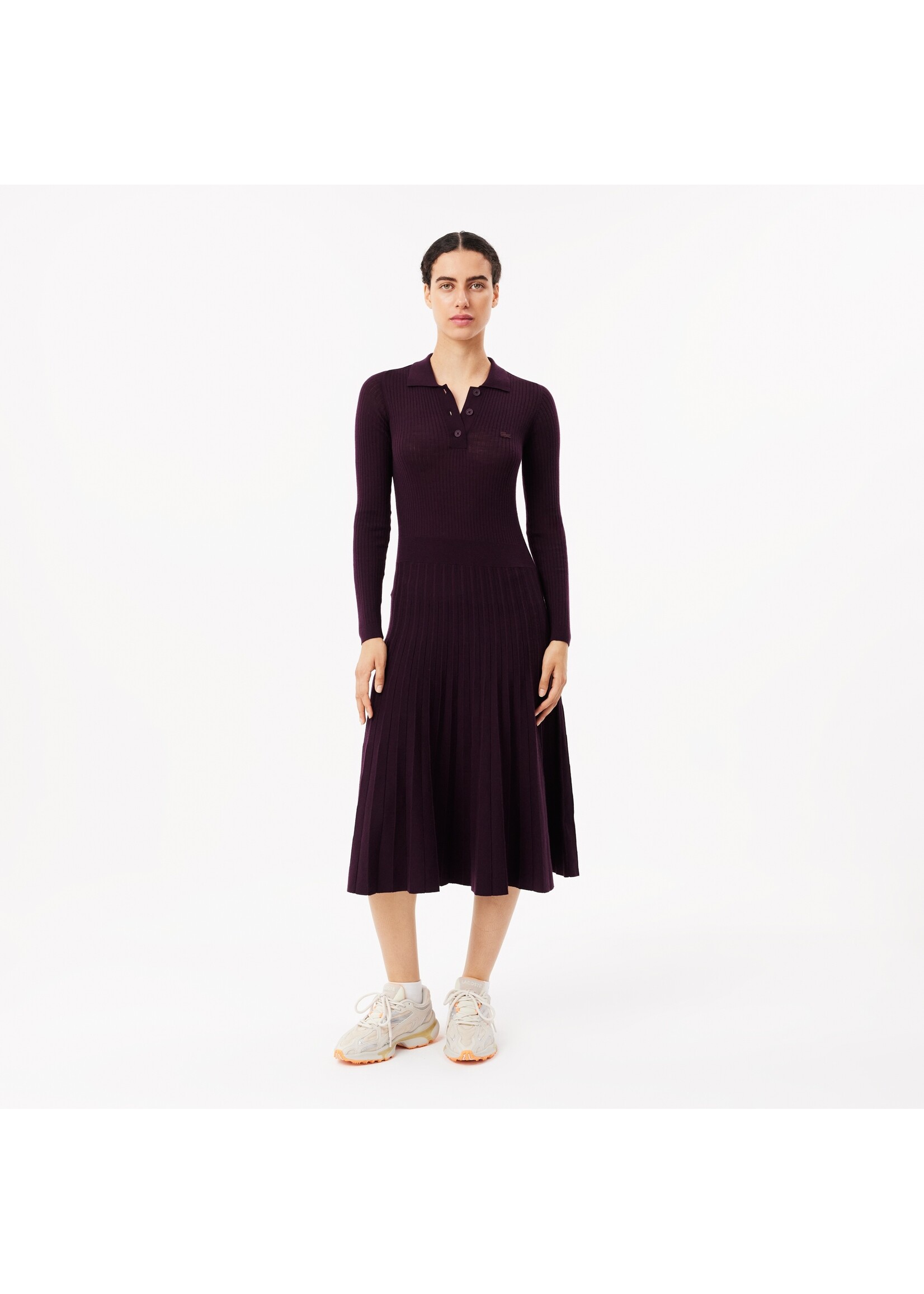 LACOSTE Robe longue côtelée en laine-Expresso