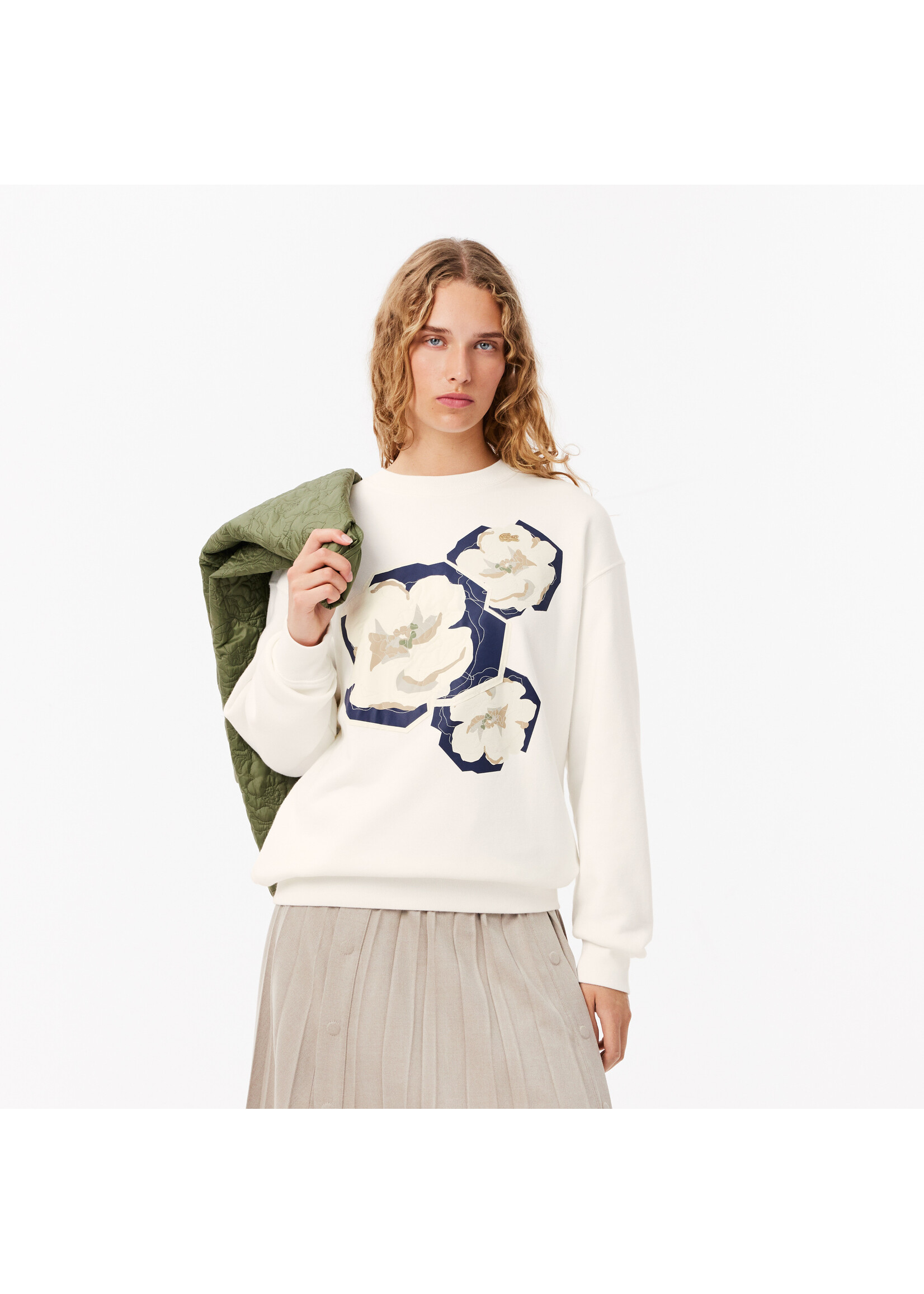 LACOSTE Sweatshirt surdimentionné en coton avec imprimé de fleur pour femme-FARINE