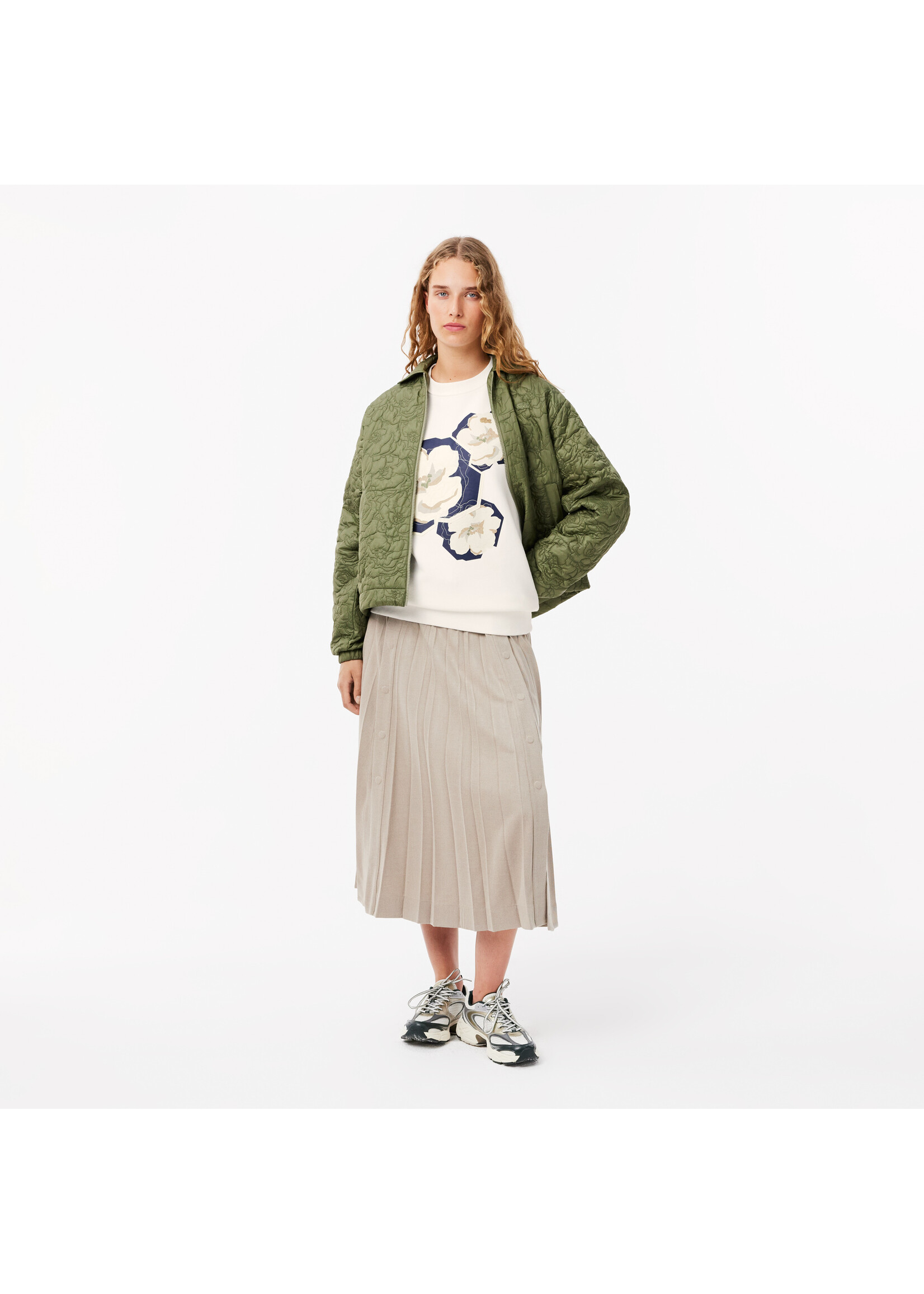 LACOSTE Sweatshirt surdimentionné en coton avec imprimé de fleur pour femme-FARINE