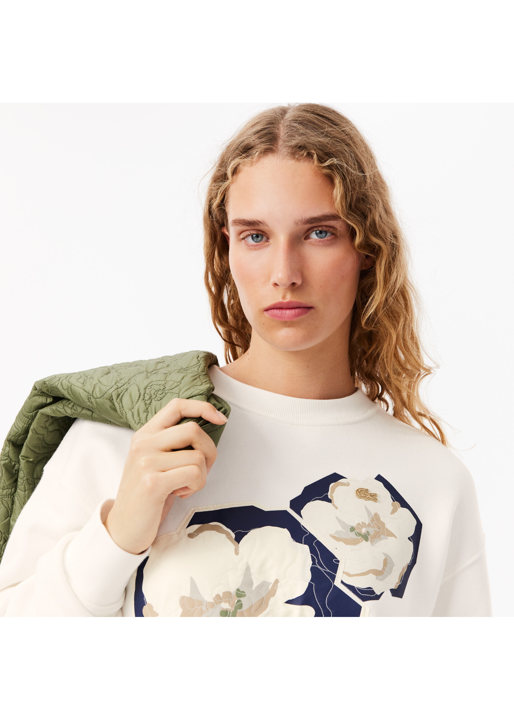 LACOSTE Sweatshirt surdimentionné en coton avec imprimé de fleur pour femme-FARINE