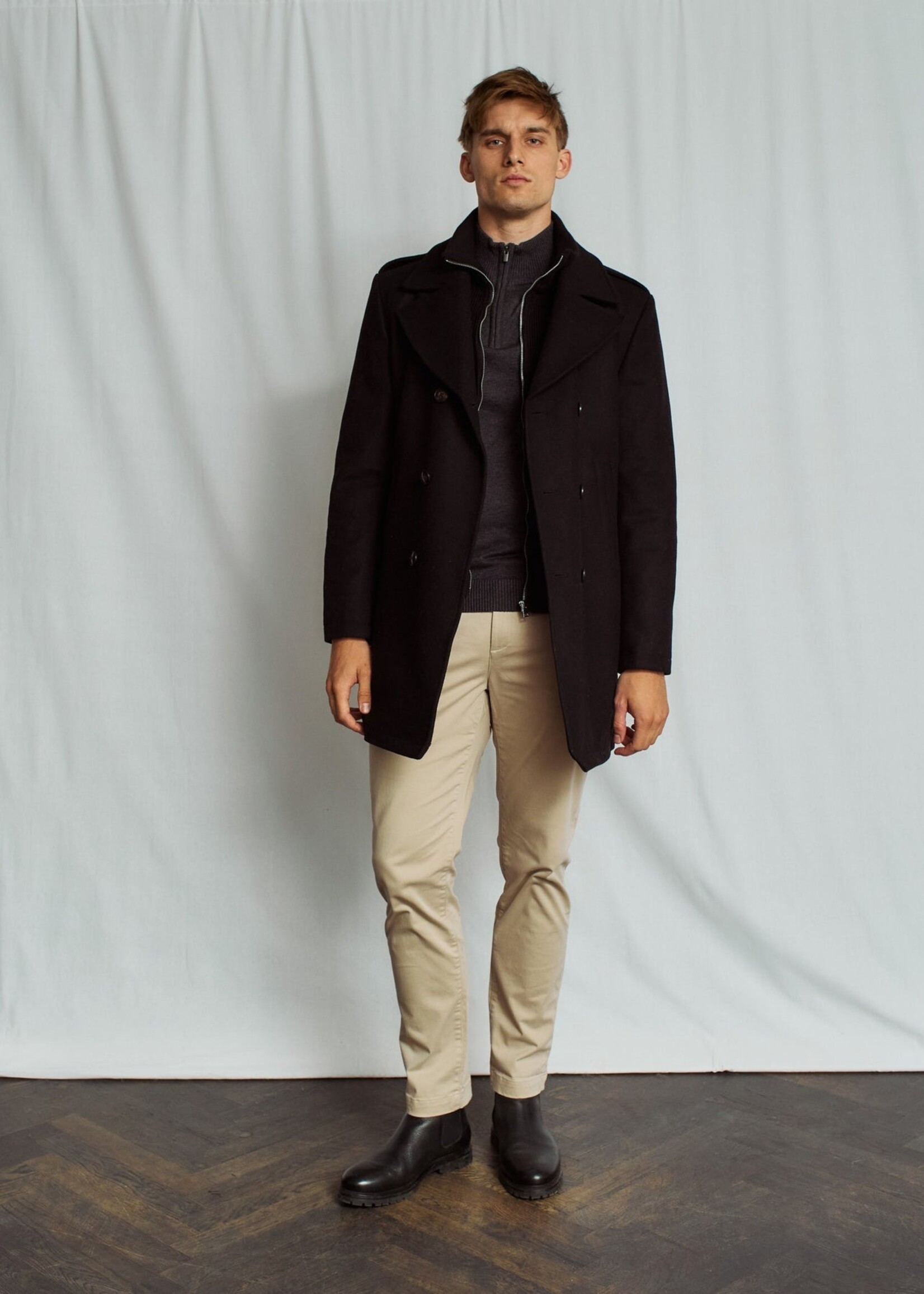 BRUUN & STENGADE Manteau style pea-coat double brest en laine pour homme-Noir