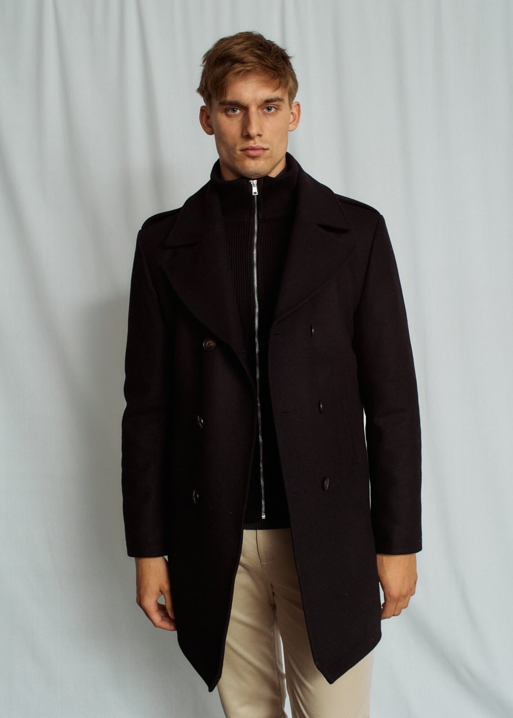 BRUUN & STENGADE Manteau style pea-coat double brest en laine pour homme-Noir
