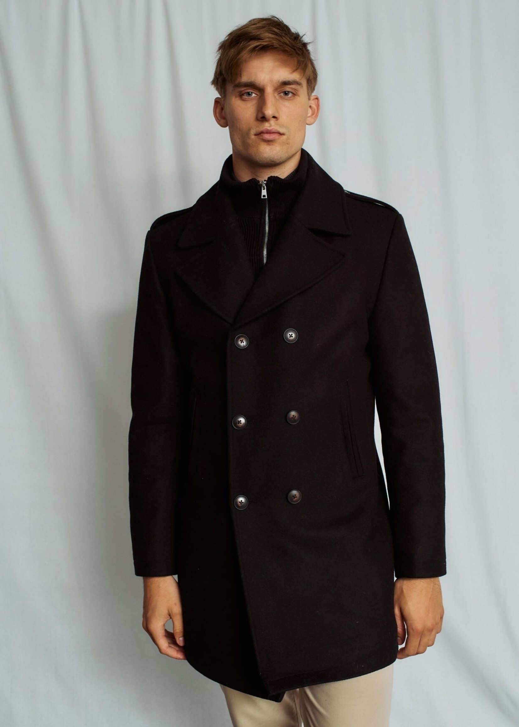 BRUUN & STENGADE Manteau style pea-coat double brest en laine pour homme-Noir