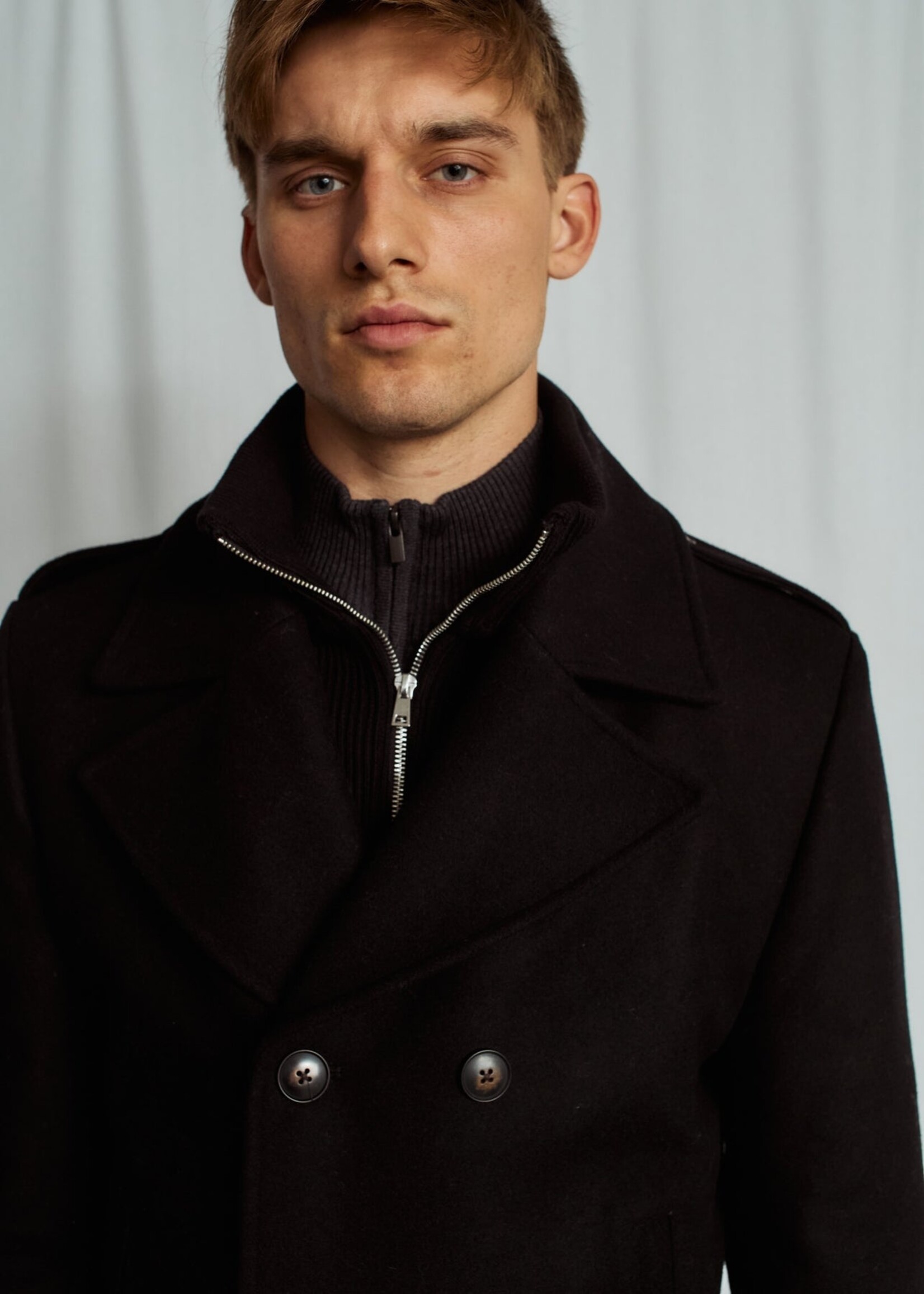 BRUUN & STENGADE Manteau style pea-coat double brest en laine pour homme-Noir
