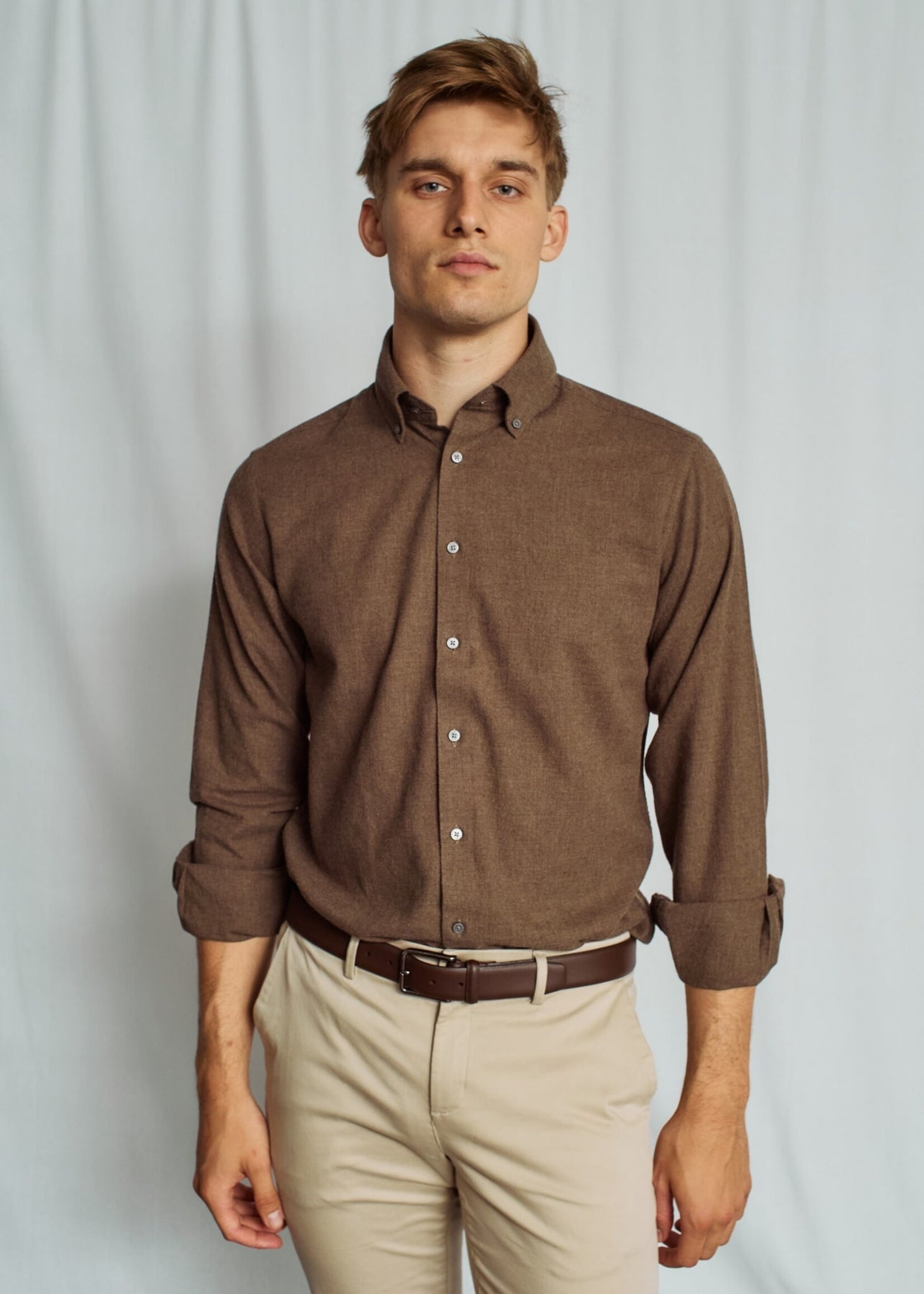 BRUUN & STENGADE Chemise feutrée unie en coton coupe moderne pour homme-Brun