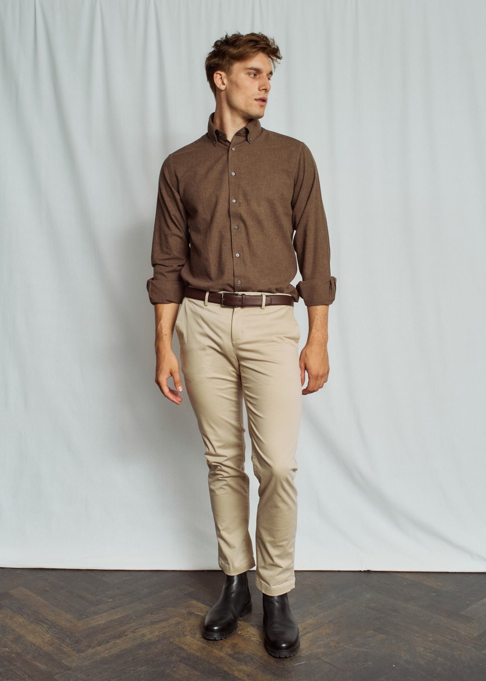 BRUUN & STENGADE Chemise feutrée unie en coton coupe moderne pour homme-Brun