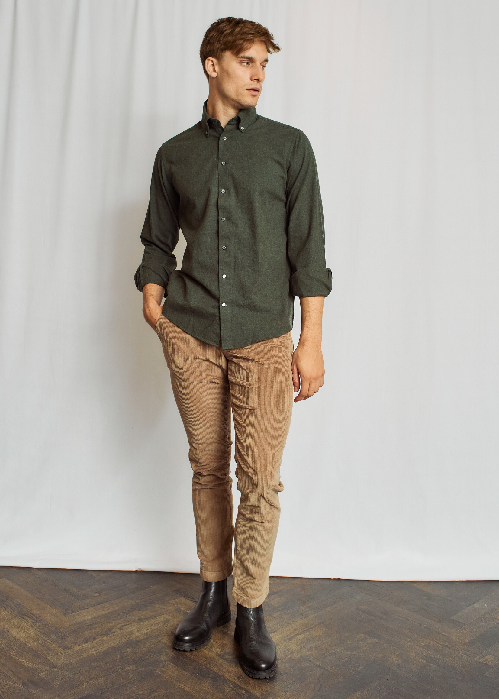 BRUUN & STENGADE Chemise feutrée unie en coton coupe moderne pour homme-Armée
