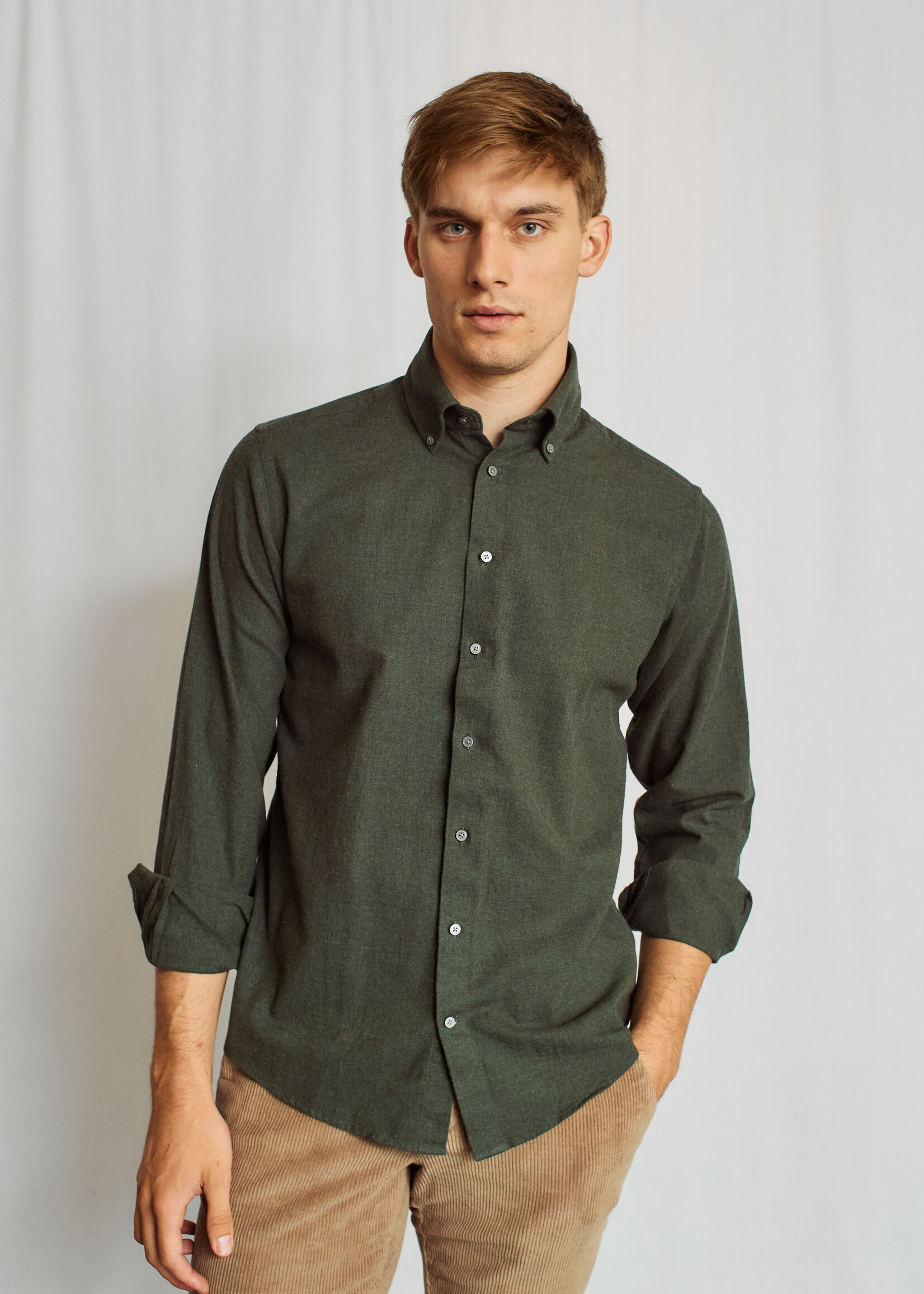 BRUUN & STENGADE Chemise feutrée unie en coton coupe moderne pour homme-Armée
