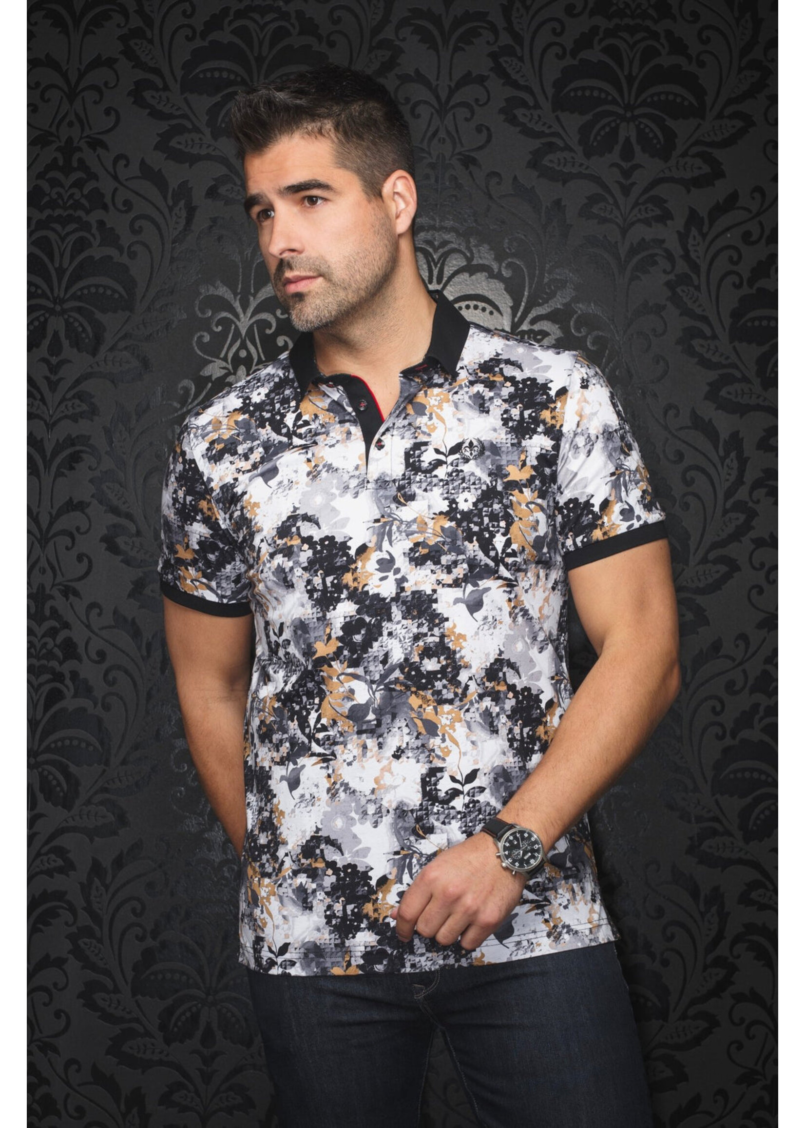AU NOIR Polo imprimé en coton mercerisé Royce - Noir Or