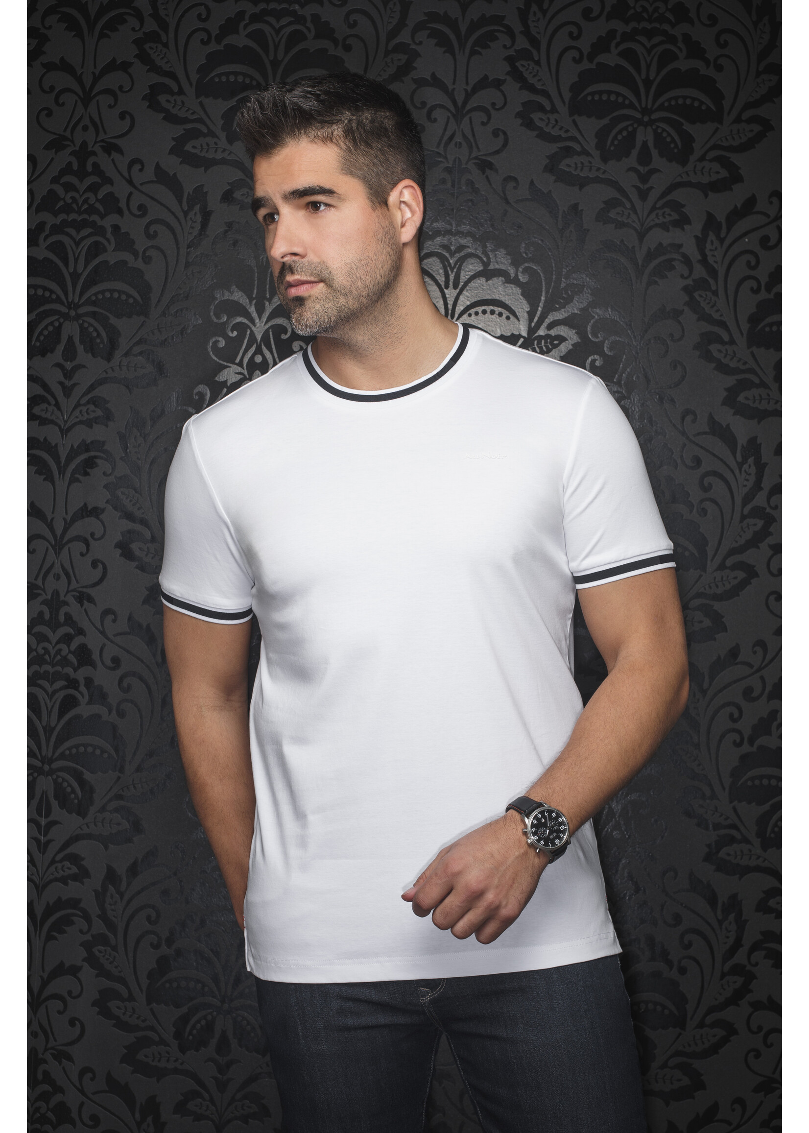 AU NOIR T-shirt col rond en coton mercerisé pour homme C-Harden - Blanc Noir