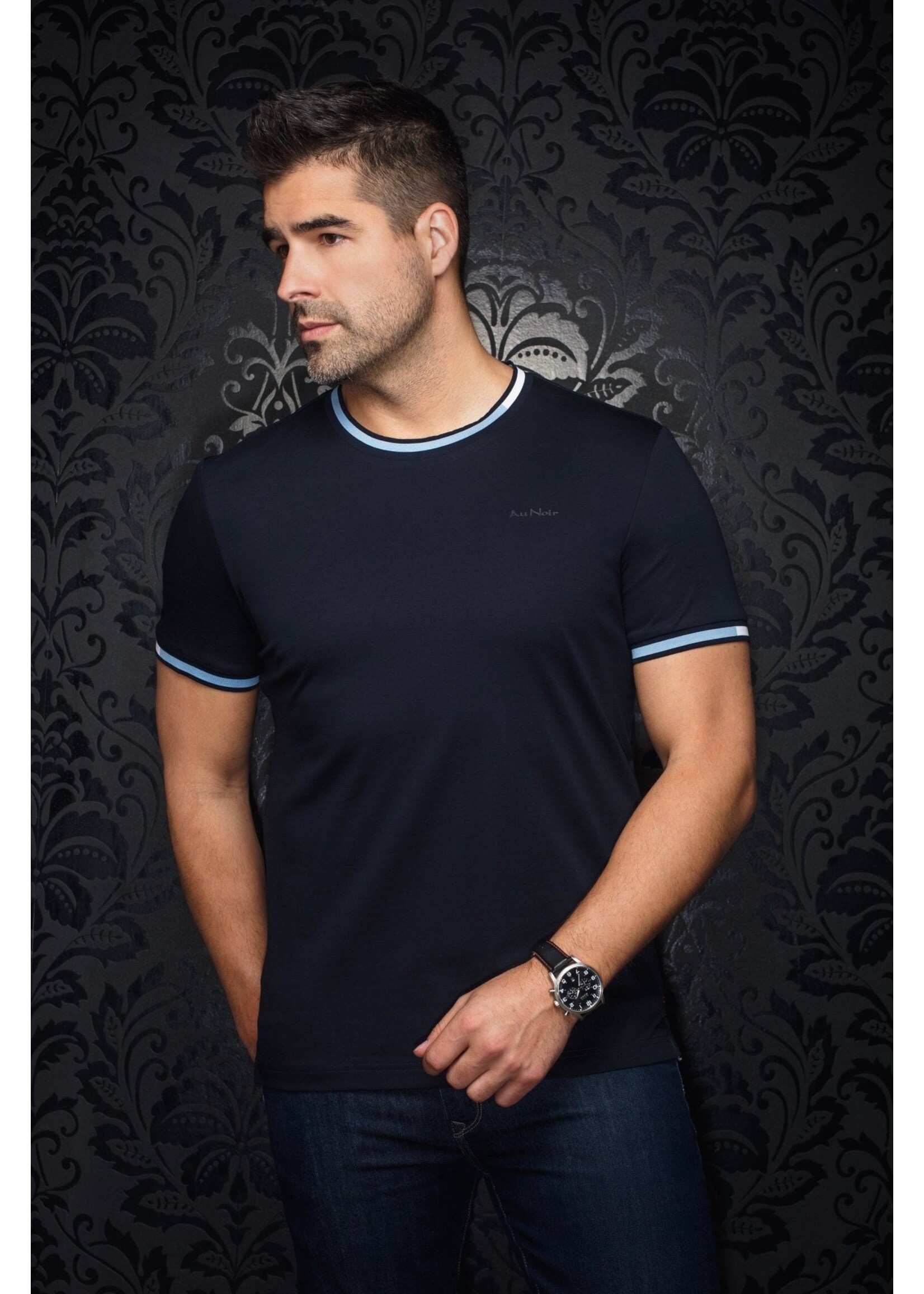 AU NOIR T-shirt col rond en coton mercerisé pour homme C-Harden - Marine