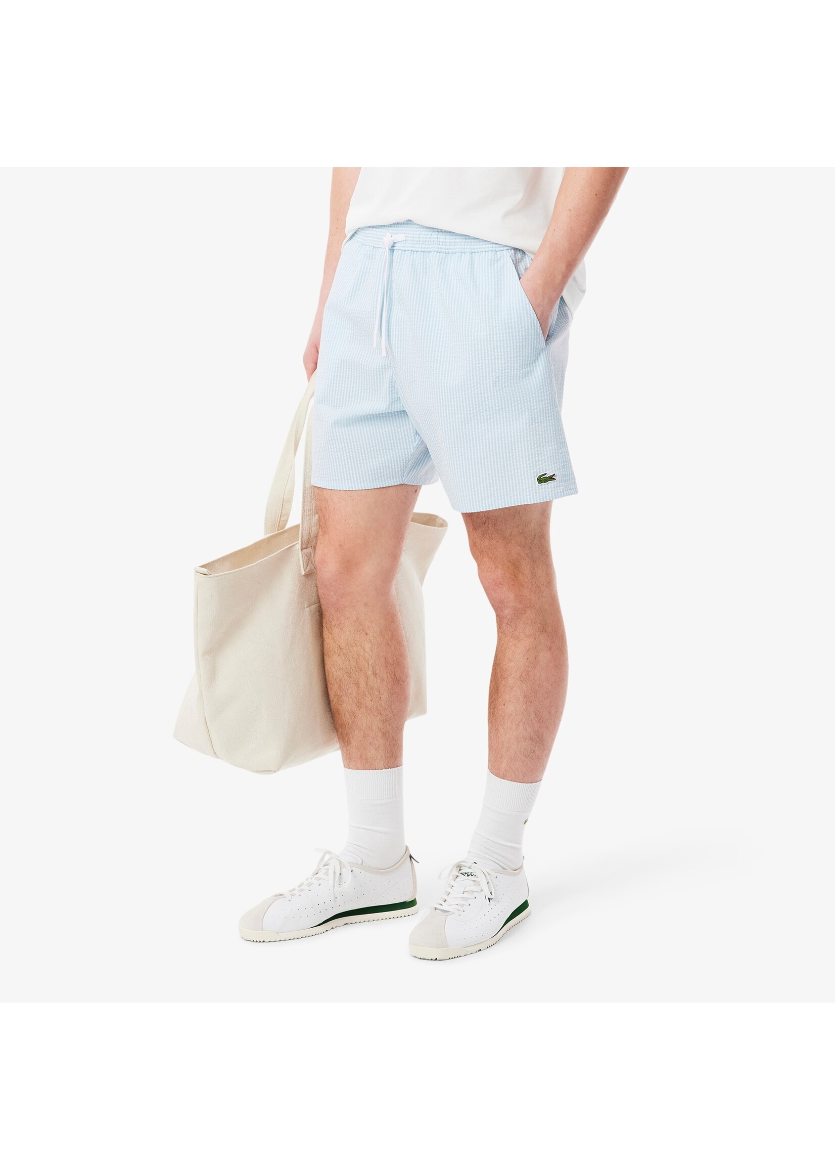 LACOSTE Short de bain mi-long rayé texturé pour homme - 2 couleurs disponibles