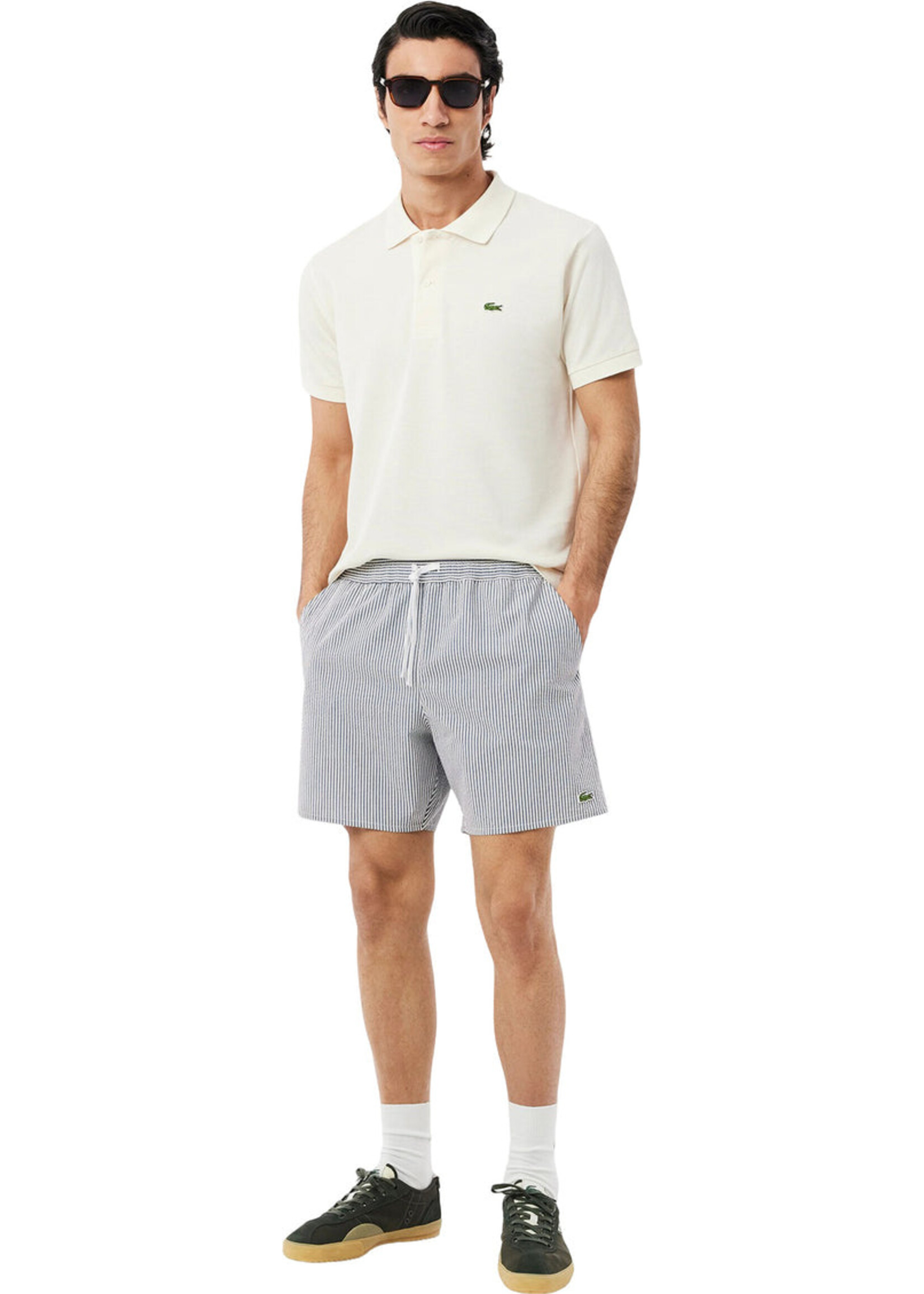 LACOSTE Short de bain mi-long rayé texturé pour homme - 2 couleurs disponibles