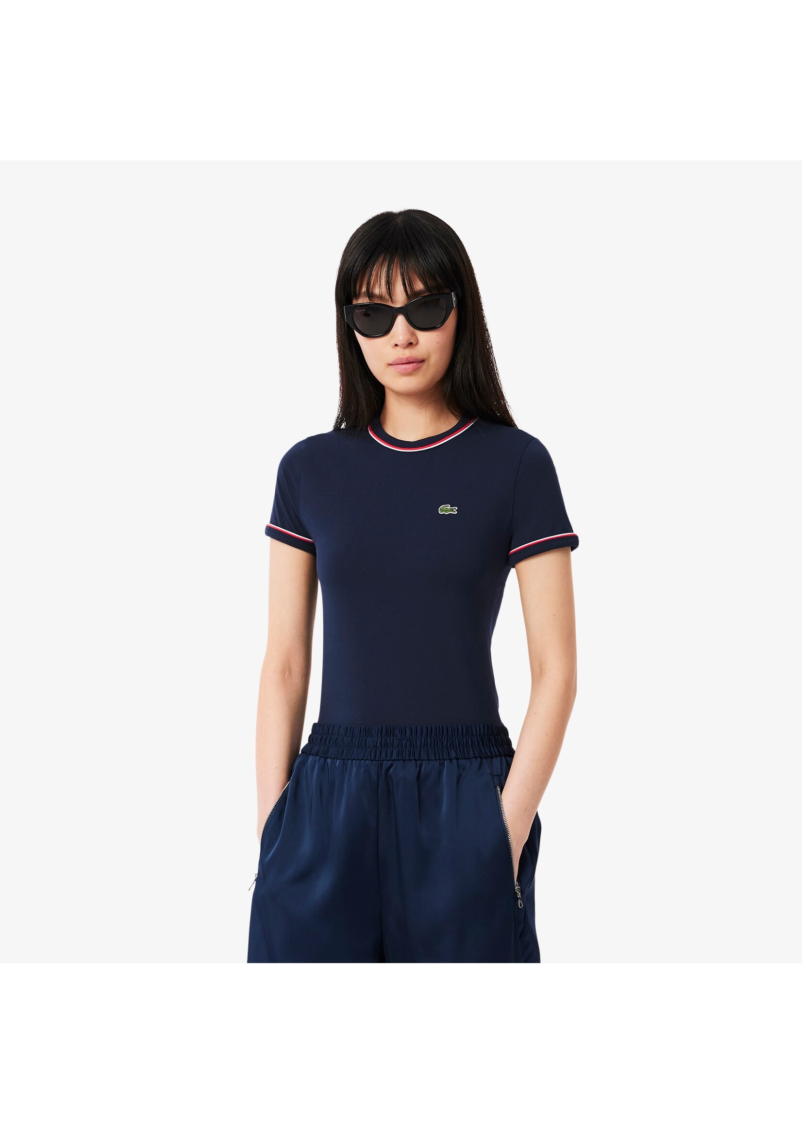 LACOSTE T-shirt jersey détails constrastants pour femme-Bleu Marine/Bleu Clair/Rouge