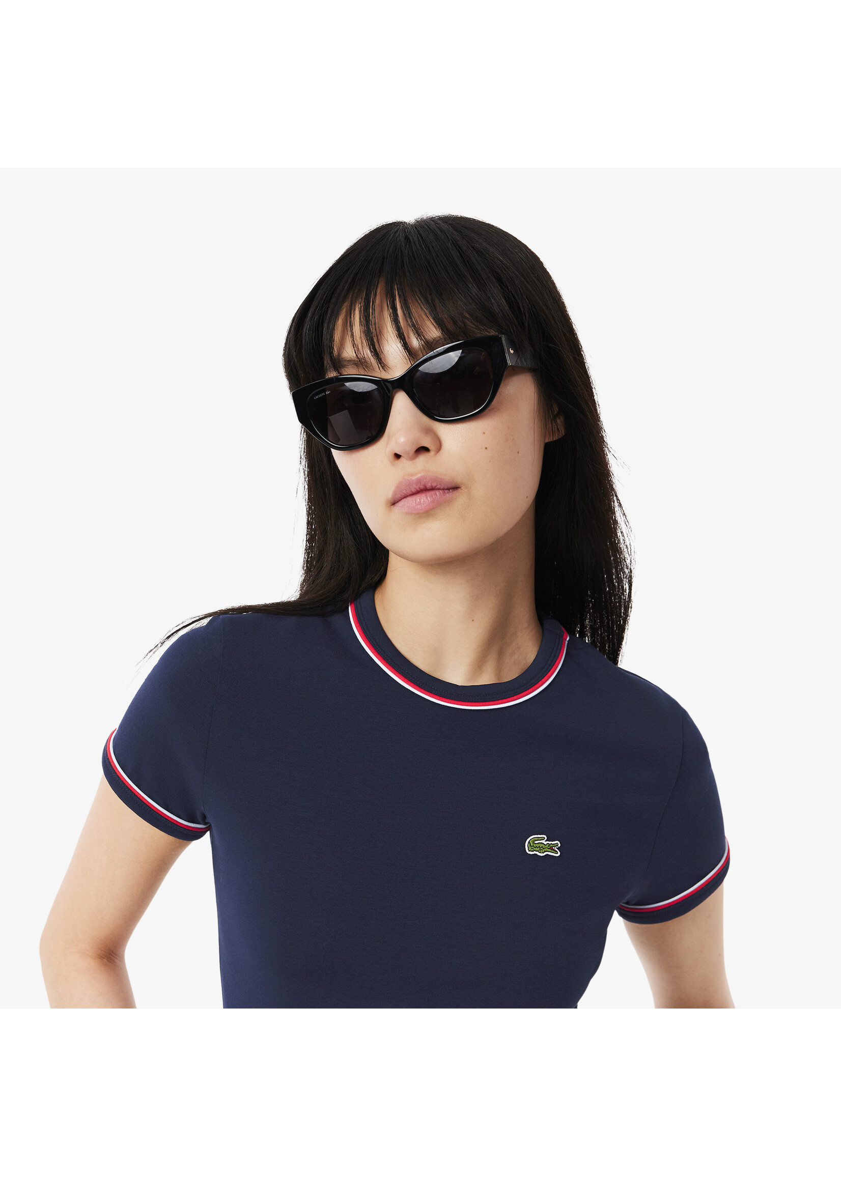 LACOSTE T-shirt jersey détails constrastants pour femme-Bleu Marine/Bleu Clair/Rouge
