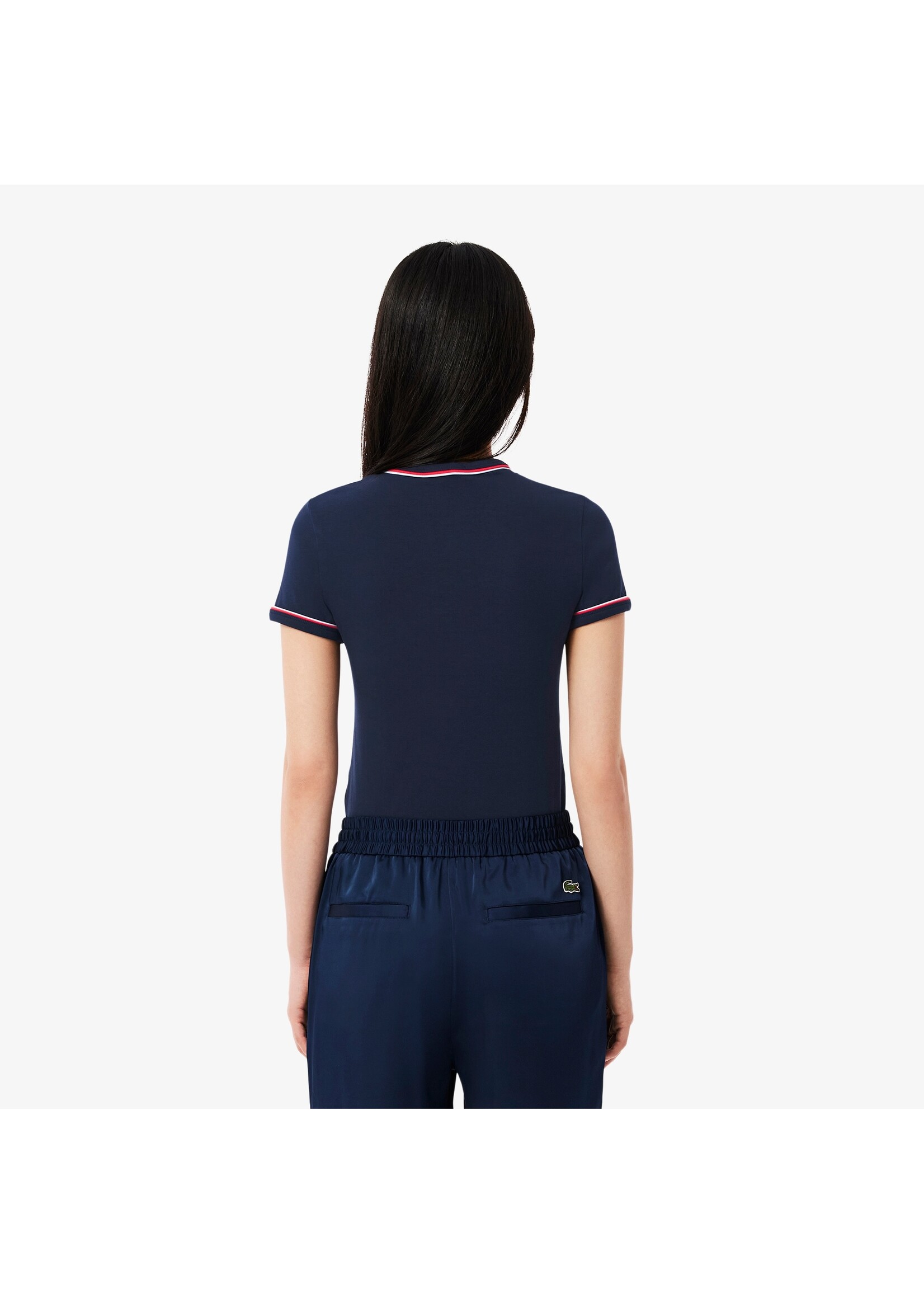 LACOSTE T-shirt jersey détails constrastants pour femme-Bleu Marine/Bleu Clair/Rouge
