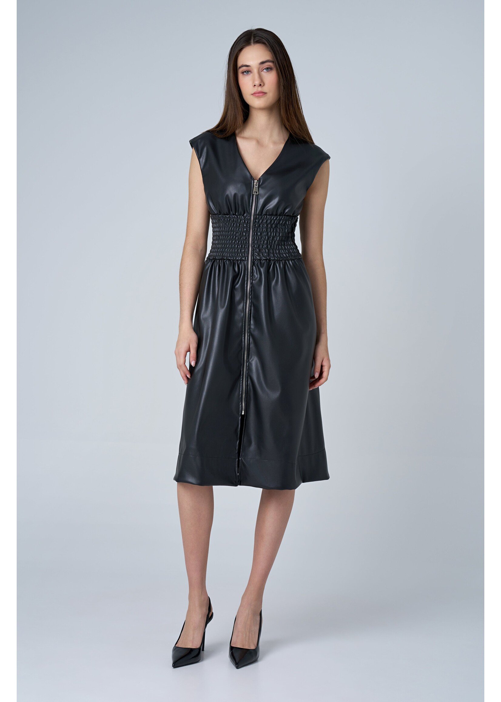 ASTRID Robe midi en similicuir avec fermeture éclair complète faite en Italie