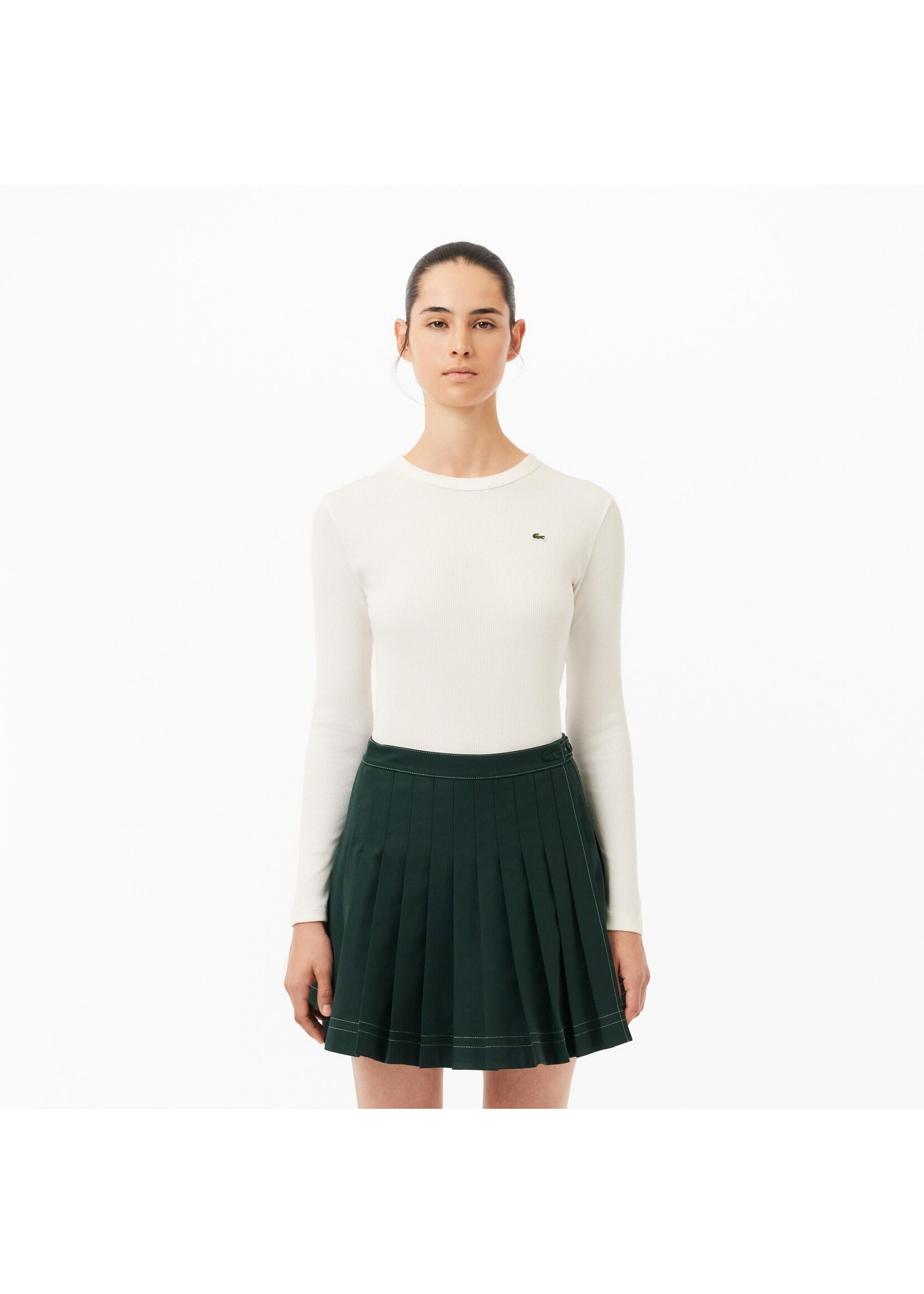 LACOSTE T-shirt côtelé manches longues en coton pour femme - Farine