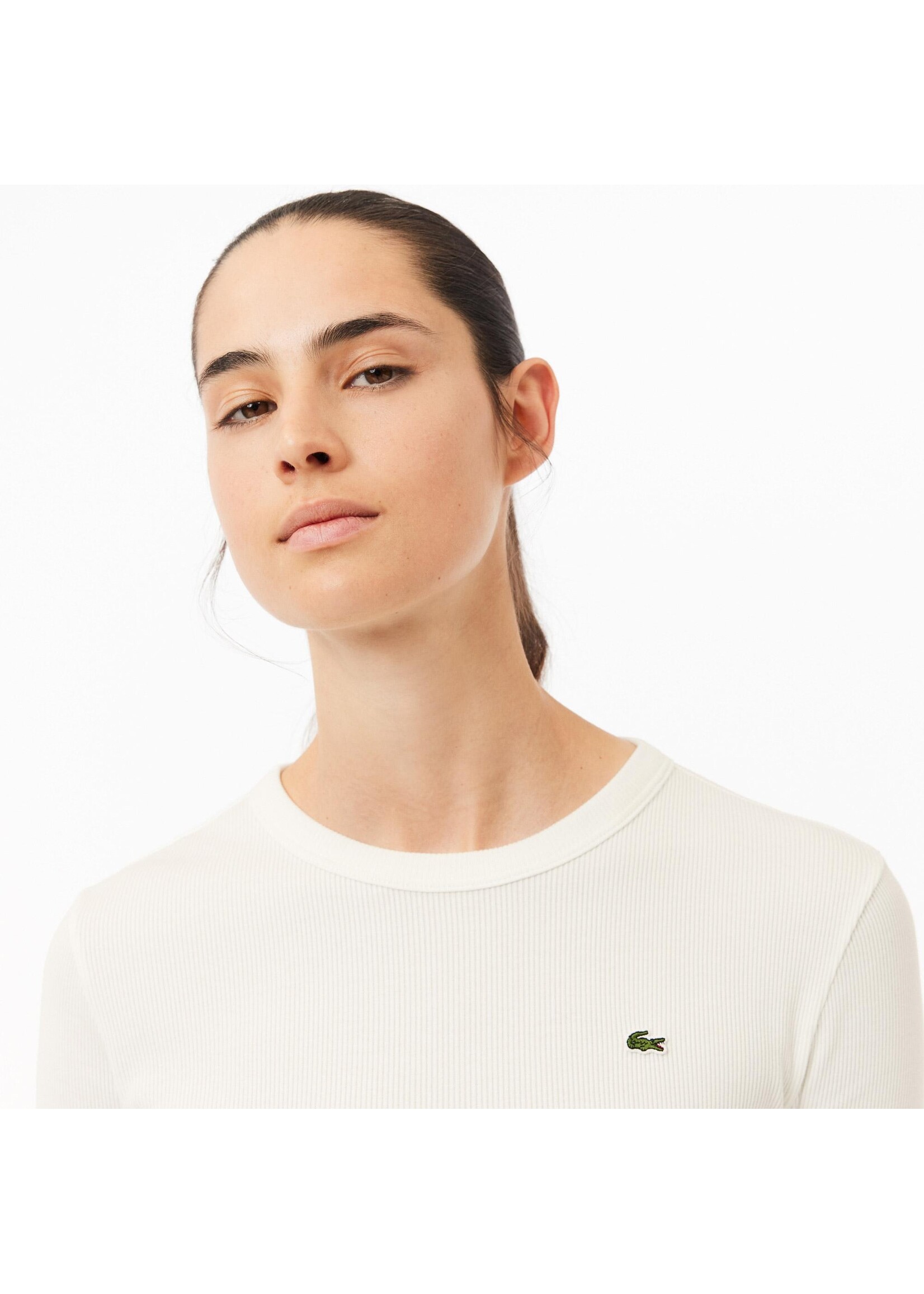 LACOSTE T-shirt côtelé manches longues en coton pour femme - Farine