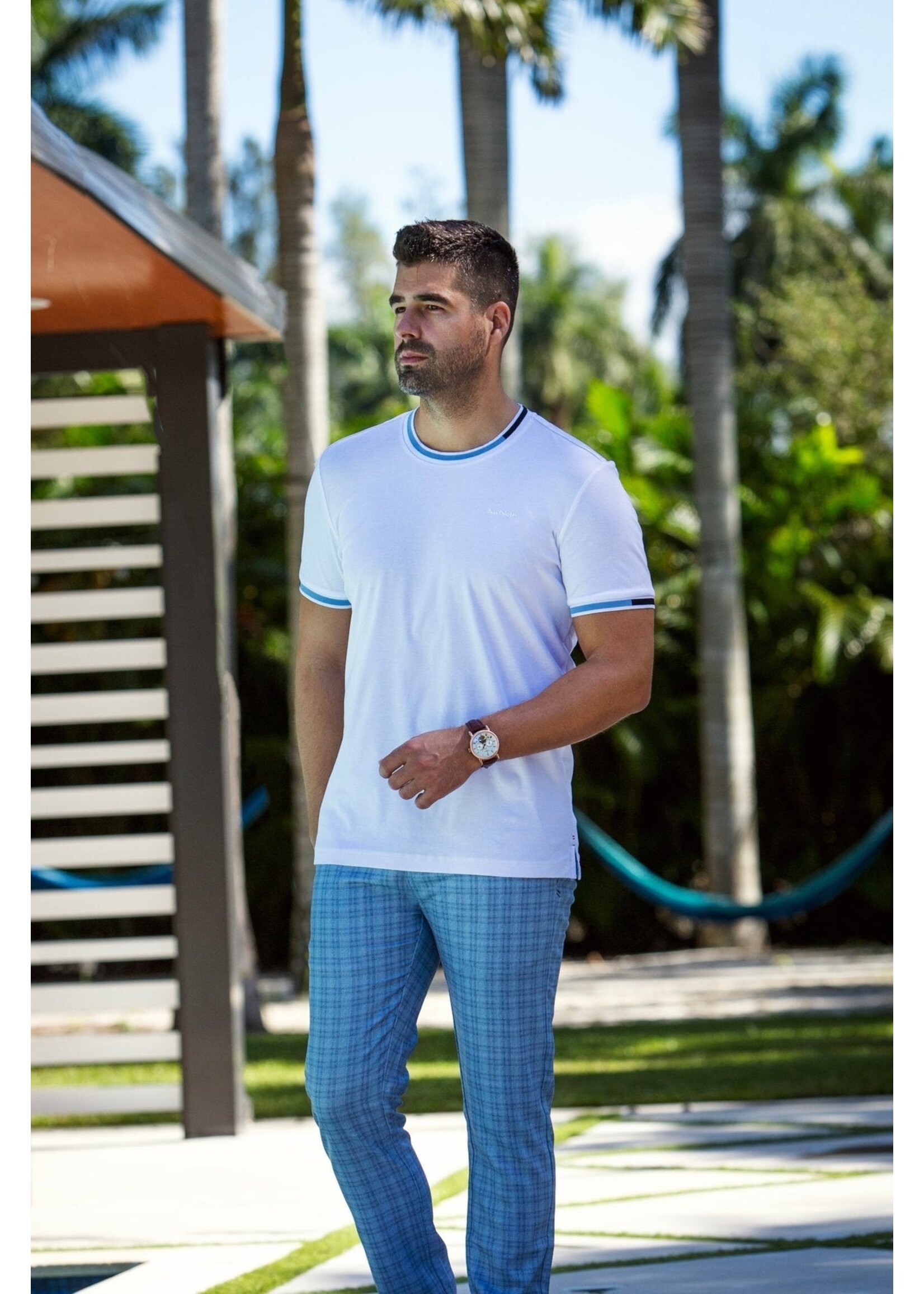 AU NOIR T-shirt col rond en coton mercerisé pour homme C-Harden - Blanc Bleu