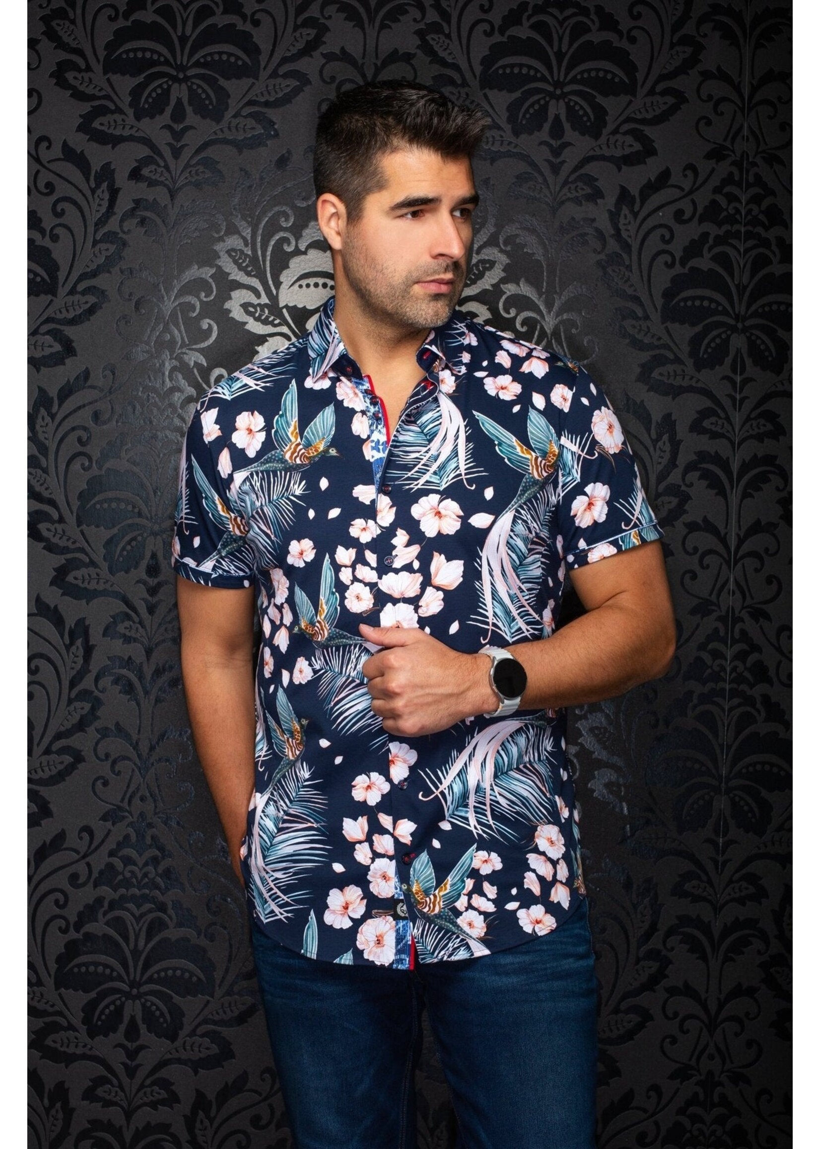 AU NOIR Short-sleeved stretch knit shirt in black - BRASILIA