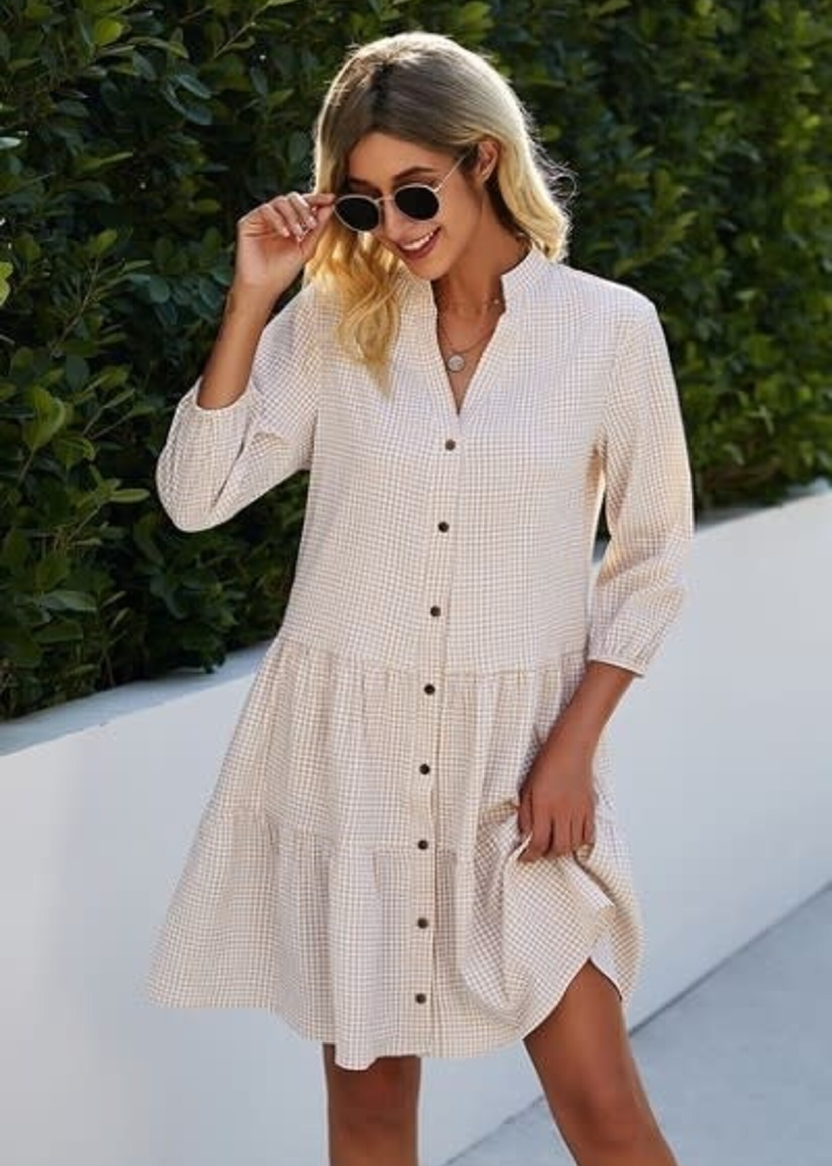 Tiered gingham 3/4 sleeve dress