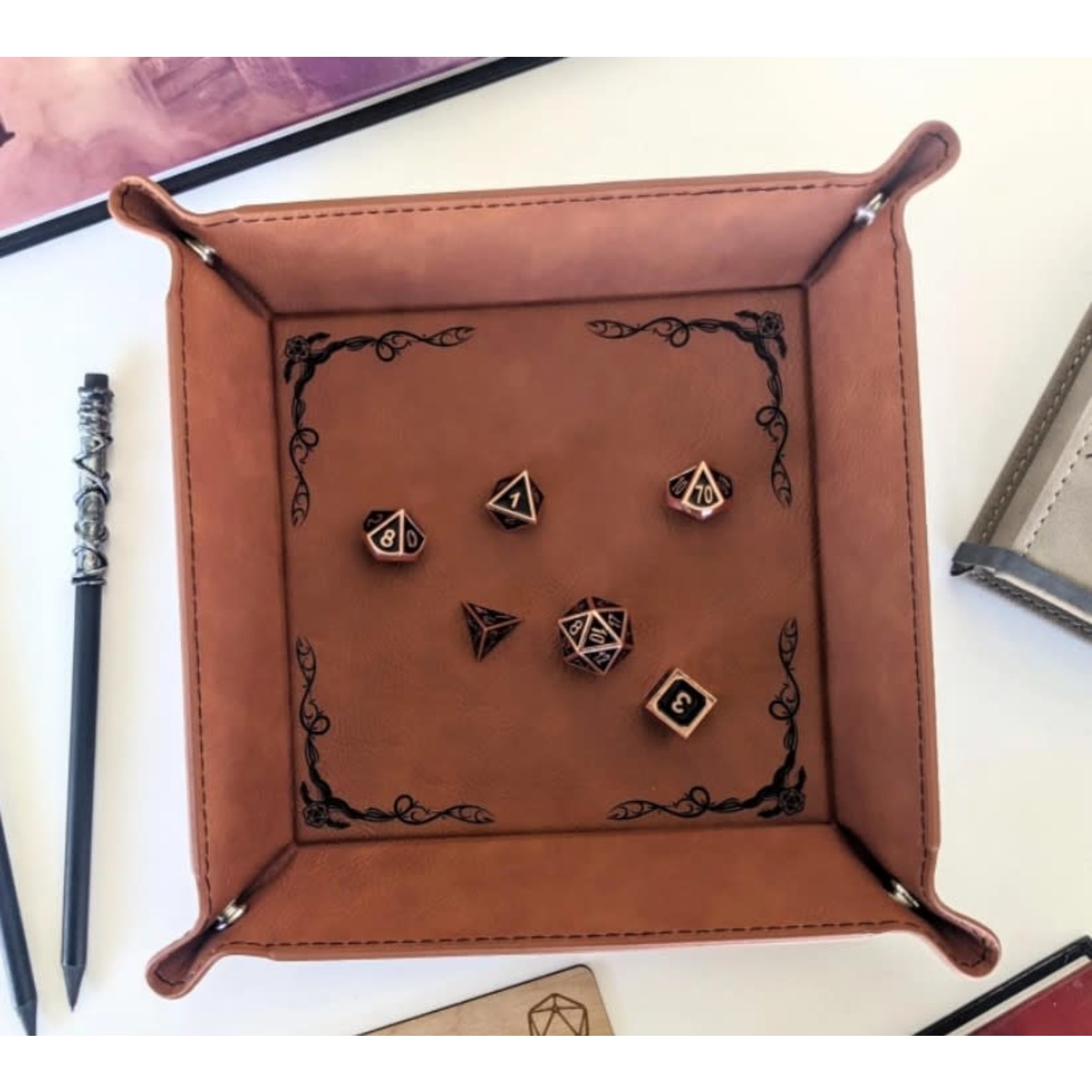 Emberglow Vegan Leather Dice Rolling Tray: Dragon Border: Chestnut