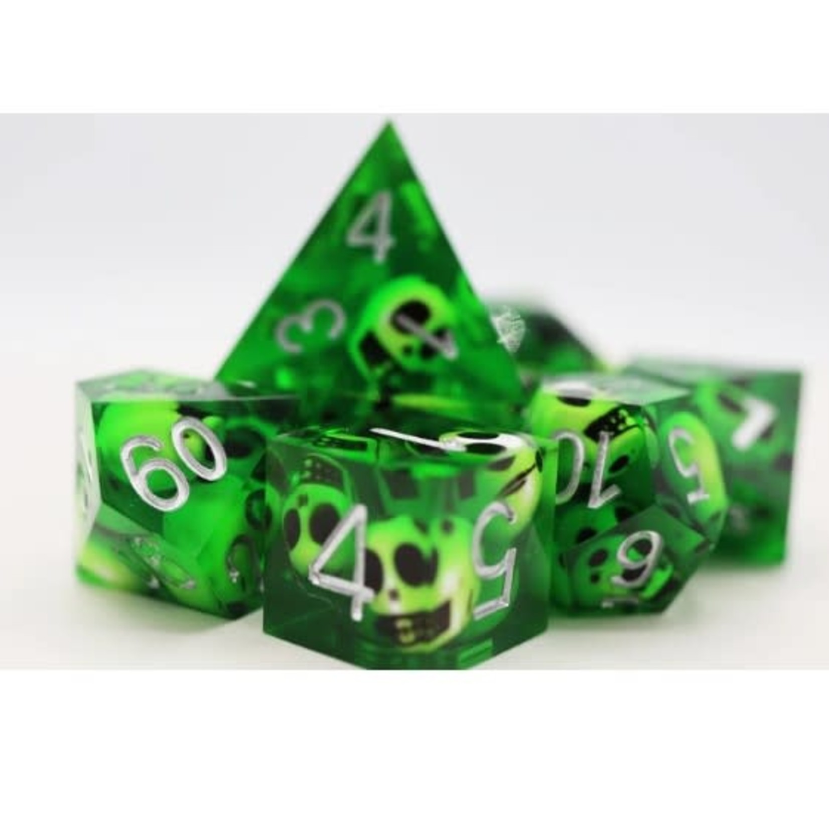 Foam Brain Green Skulls Sharp Edge Resin RPG Dice Set with Sanctum Logo