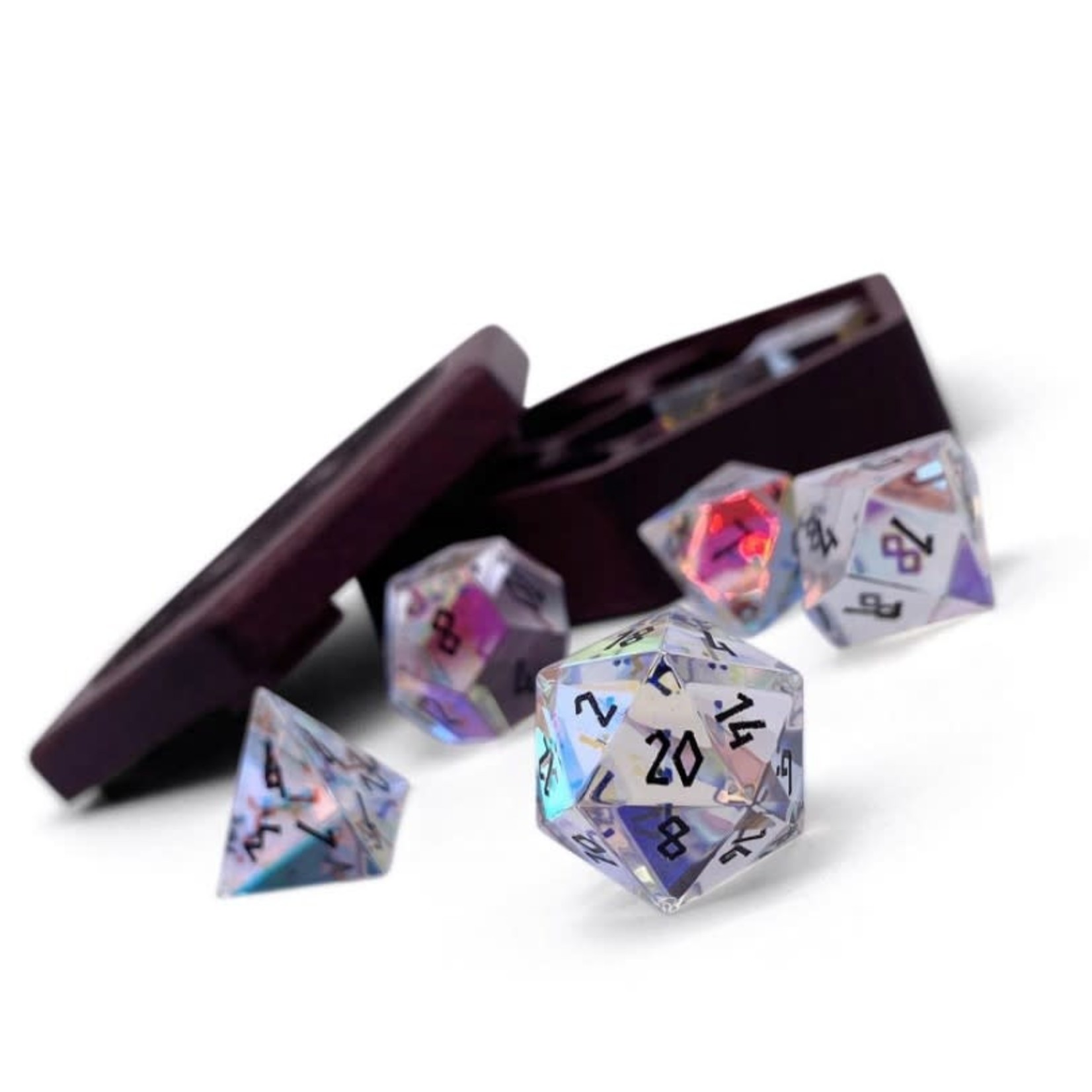 Norse Foundry K9 Rainbow Glass with Black Font 7 Piece RPG Dice Set