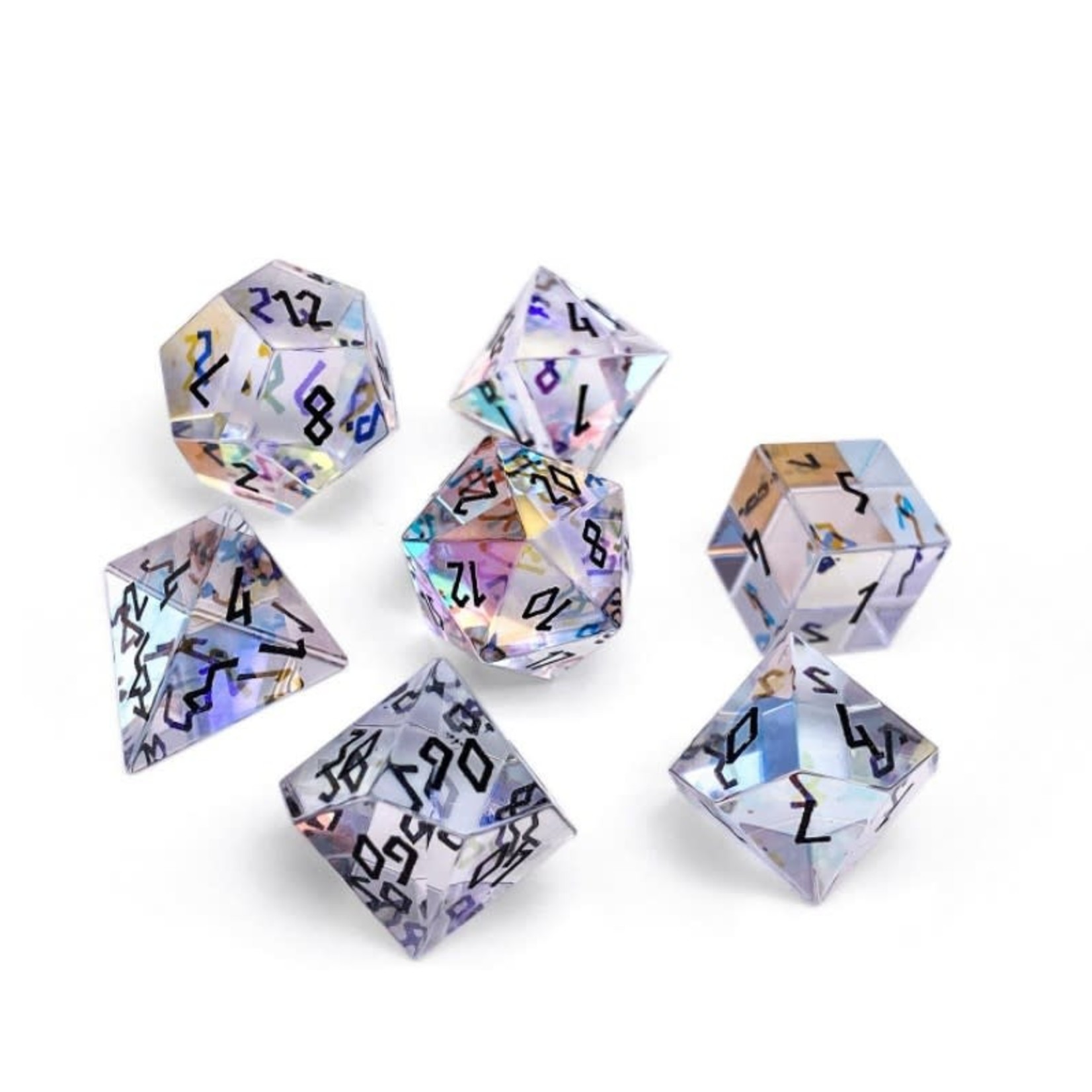 Norse Foundry K9 Rainbow Glass with Black Font 7 Piece RPG Dice Set