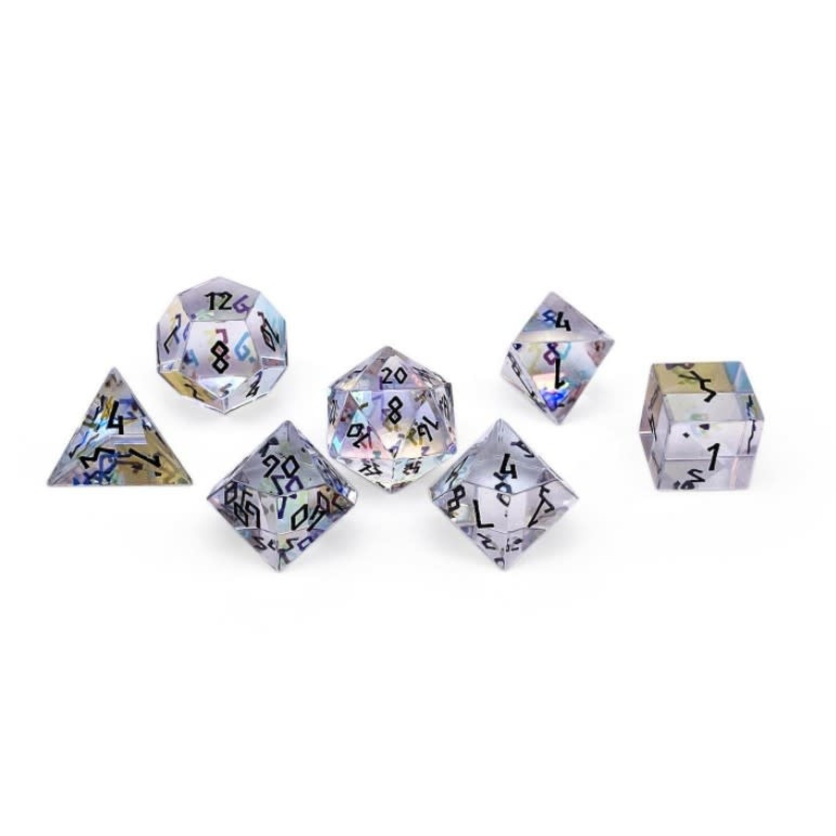 Norse Foundry K9 Rainbow Glass with Black Font 7 Piece RPG Dice Set