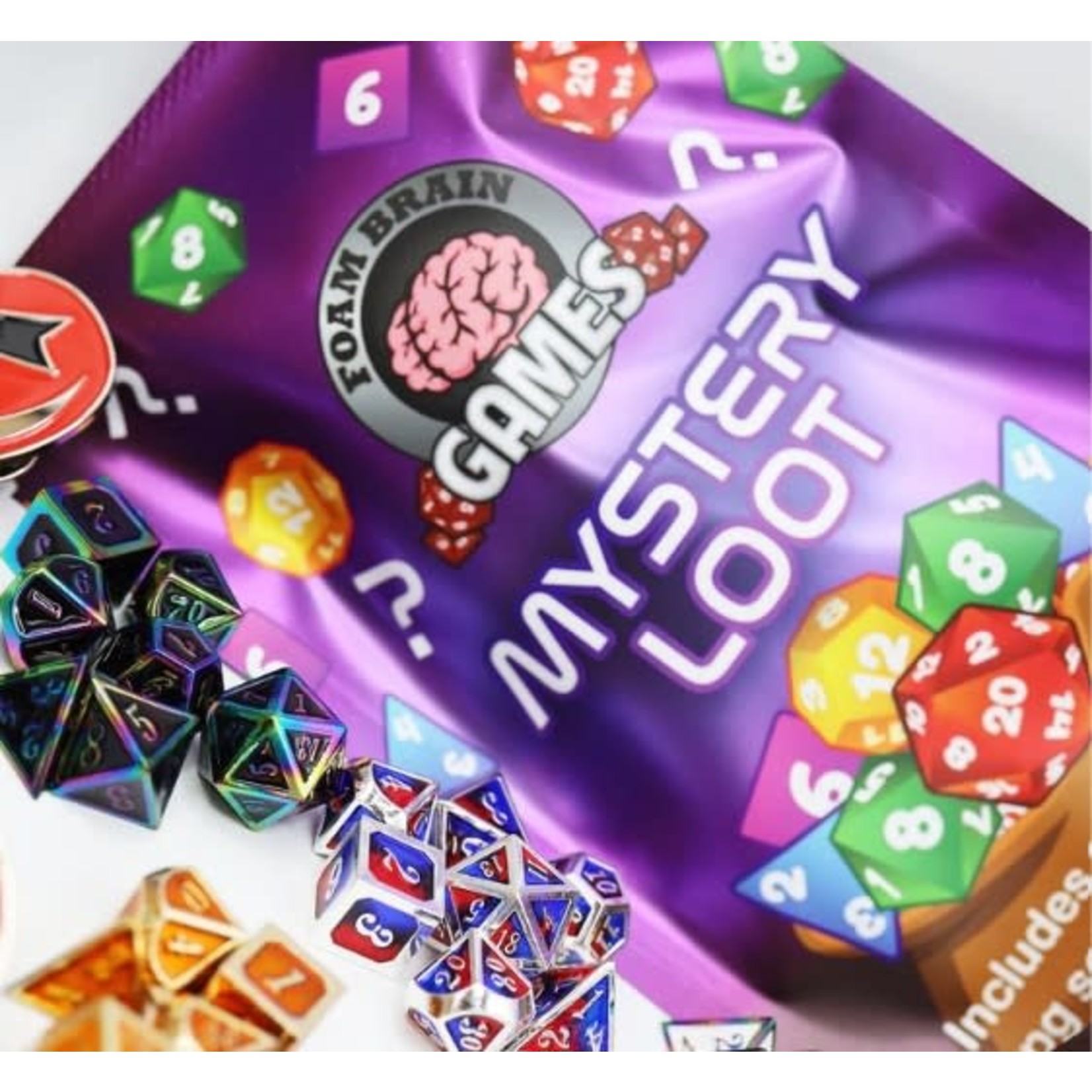Foam Brain Epic Mystery Loot: 12mm or 14mm Mini Metal RPG Set + Enamel Pin
