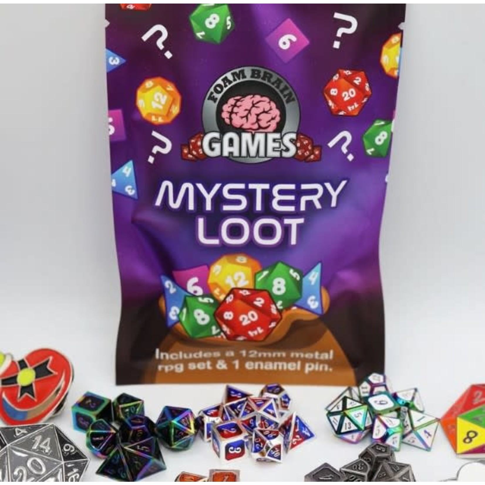 Foam Brain Epic Mystery Loot: 12mm or 14mm Mini Metal RPG Set + Enamel Pin
