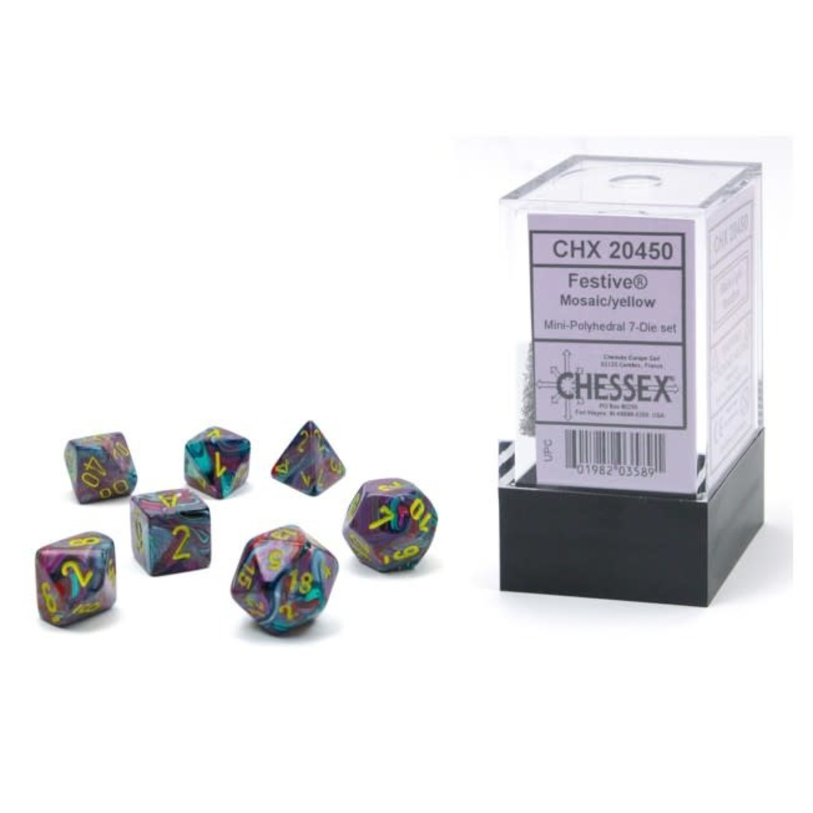 Chessex Mini 7-Die Set: Festive Mosaic with yellow