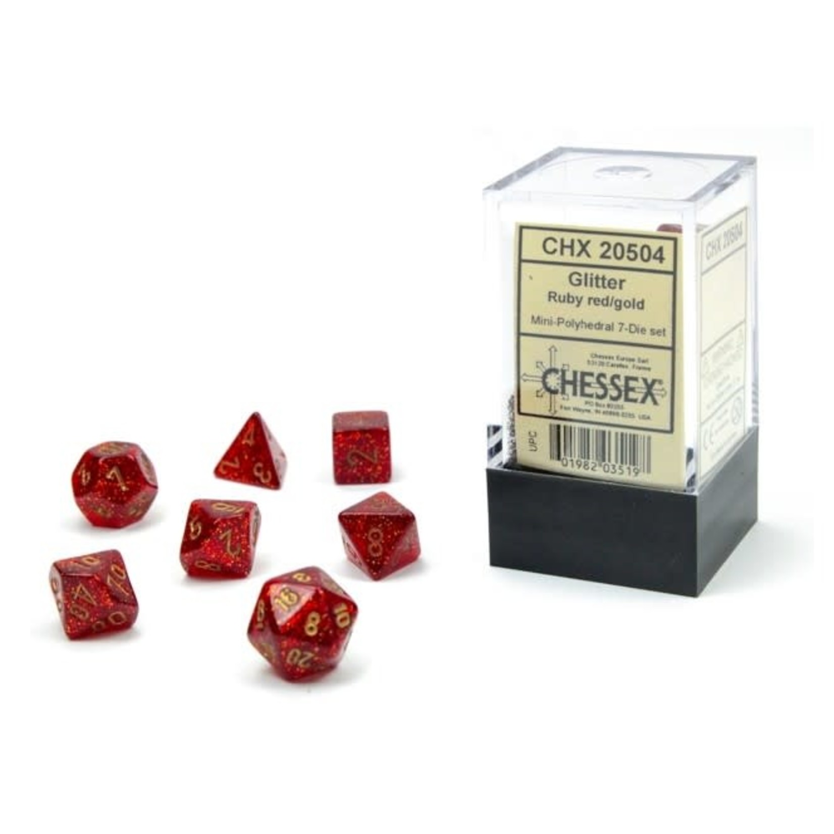 Chessex Mini 7-Die Set: Glitter Ruby Red with gold