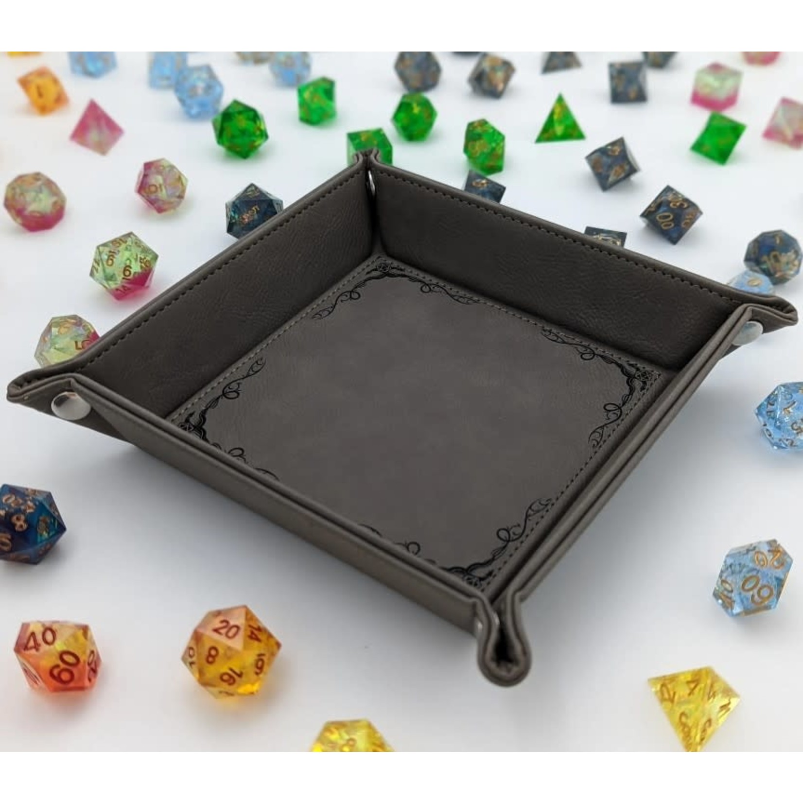 Emberglow Vegan Leather Dice Rolling Tray: Dragon Border: Grey