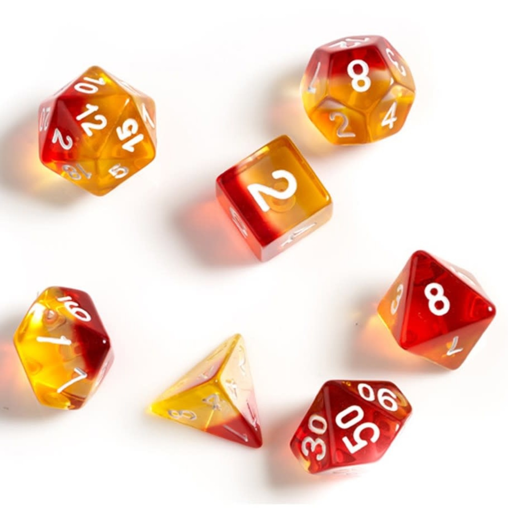 Sirius Dice 7-Die Set: Yellow and Red with White Numbers