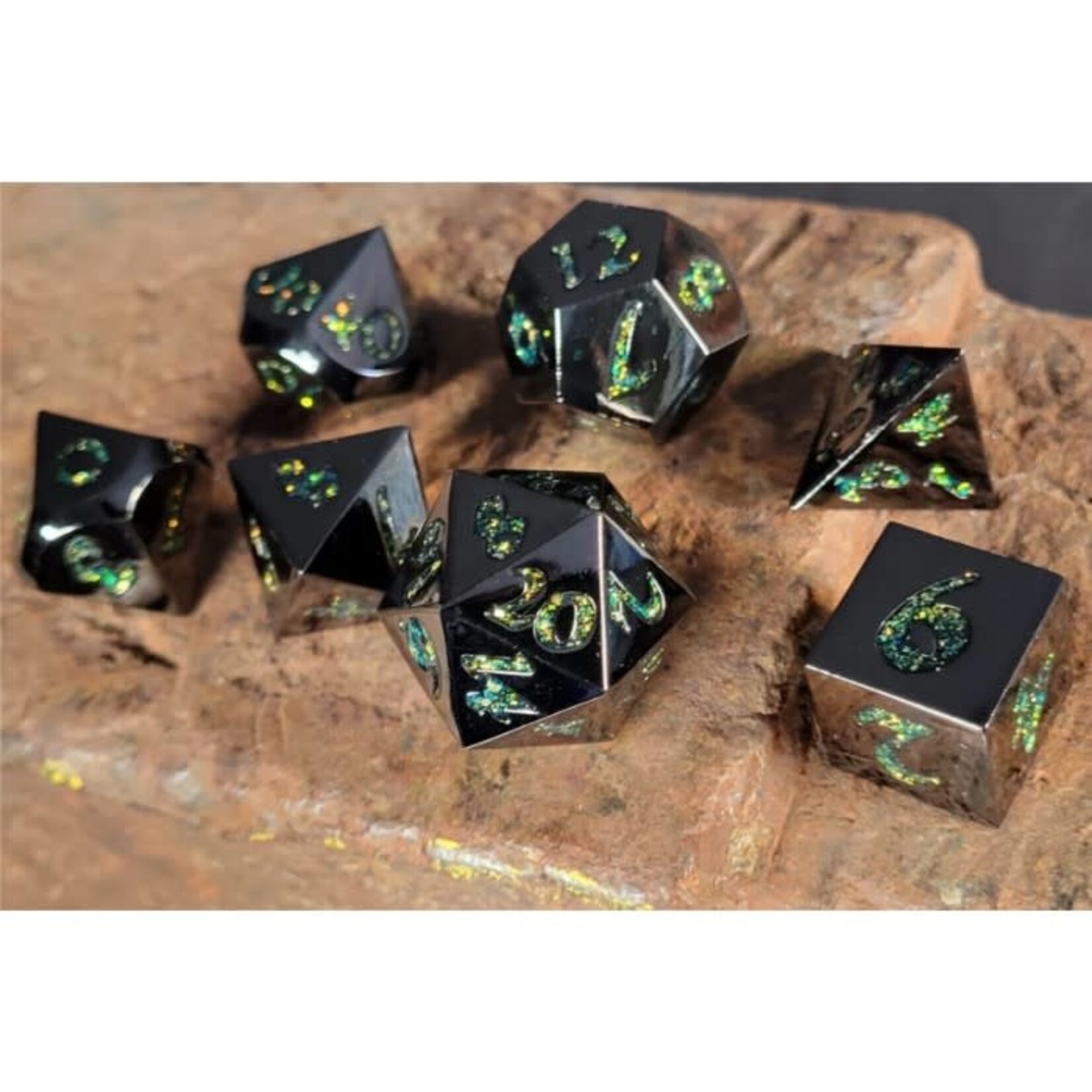 Forged Gaming Set of 7 Metal Dice: Forged Lore Gunmetal with Green Mica