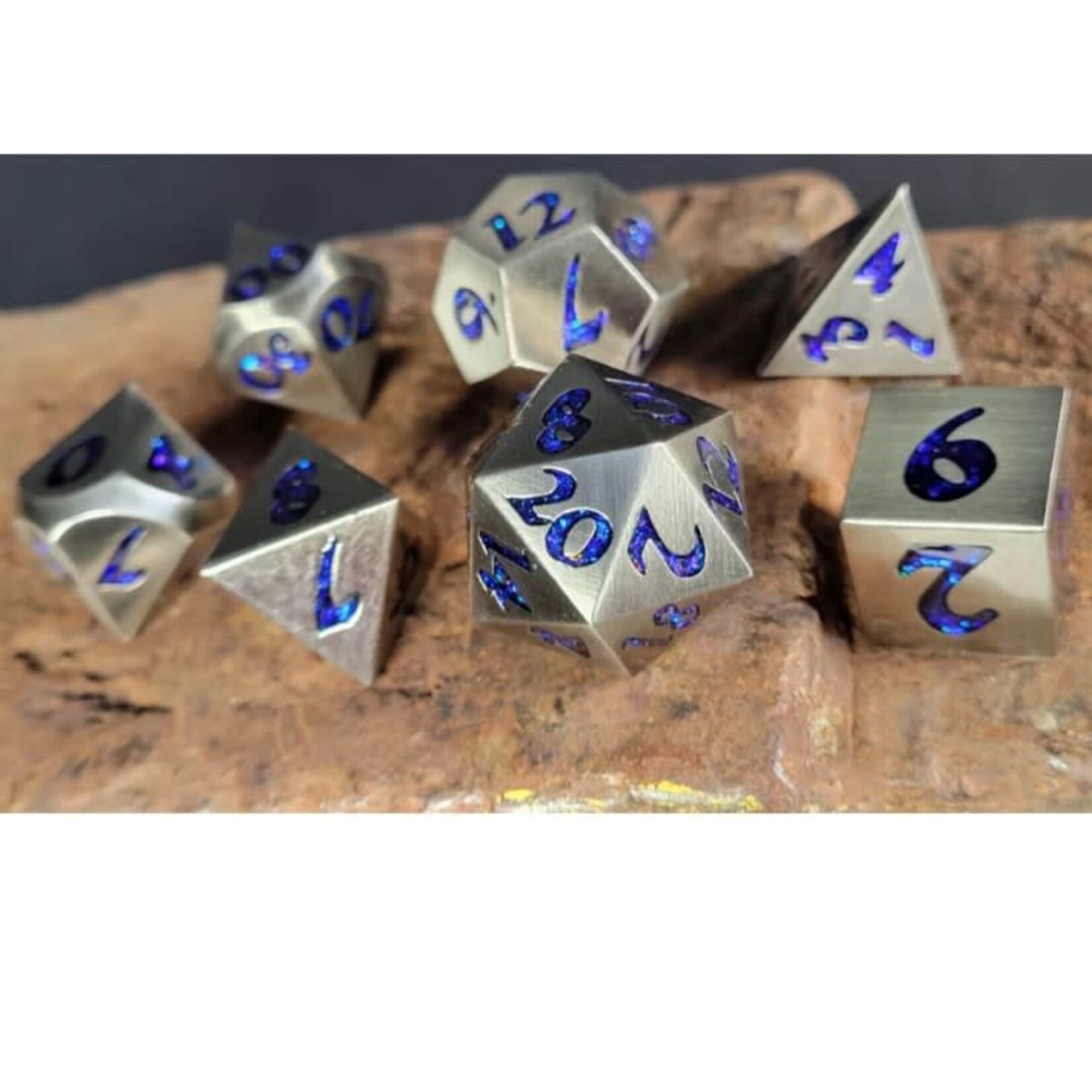 Forged Gaming Set of 7 Metal Dice: Forged Lore Antique Silver with Blue Glitter