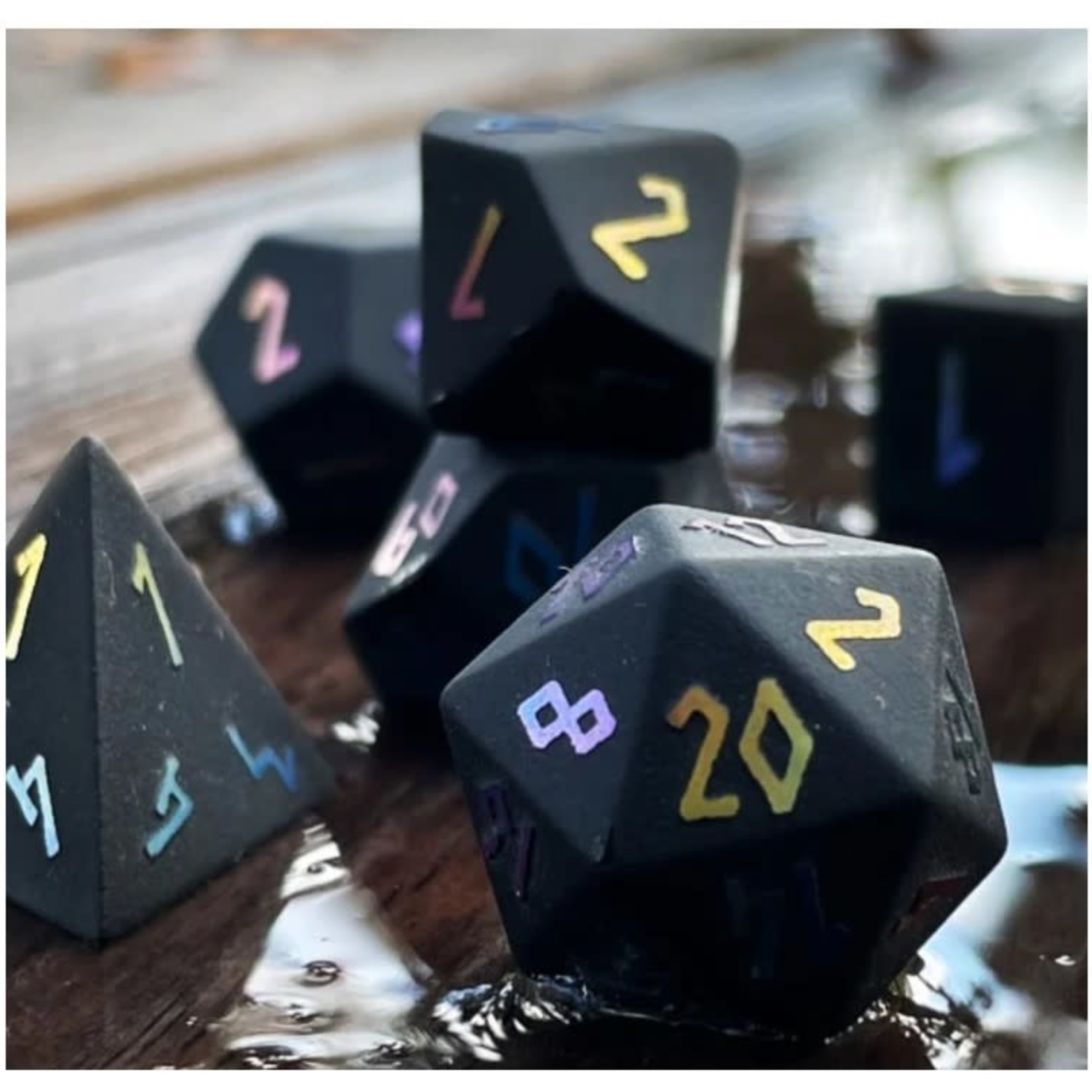Norse Foundry Black Obsidian with Holographic Numbers 7 Piece RPG Set Gemstone Dice