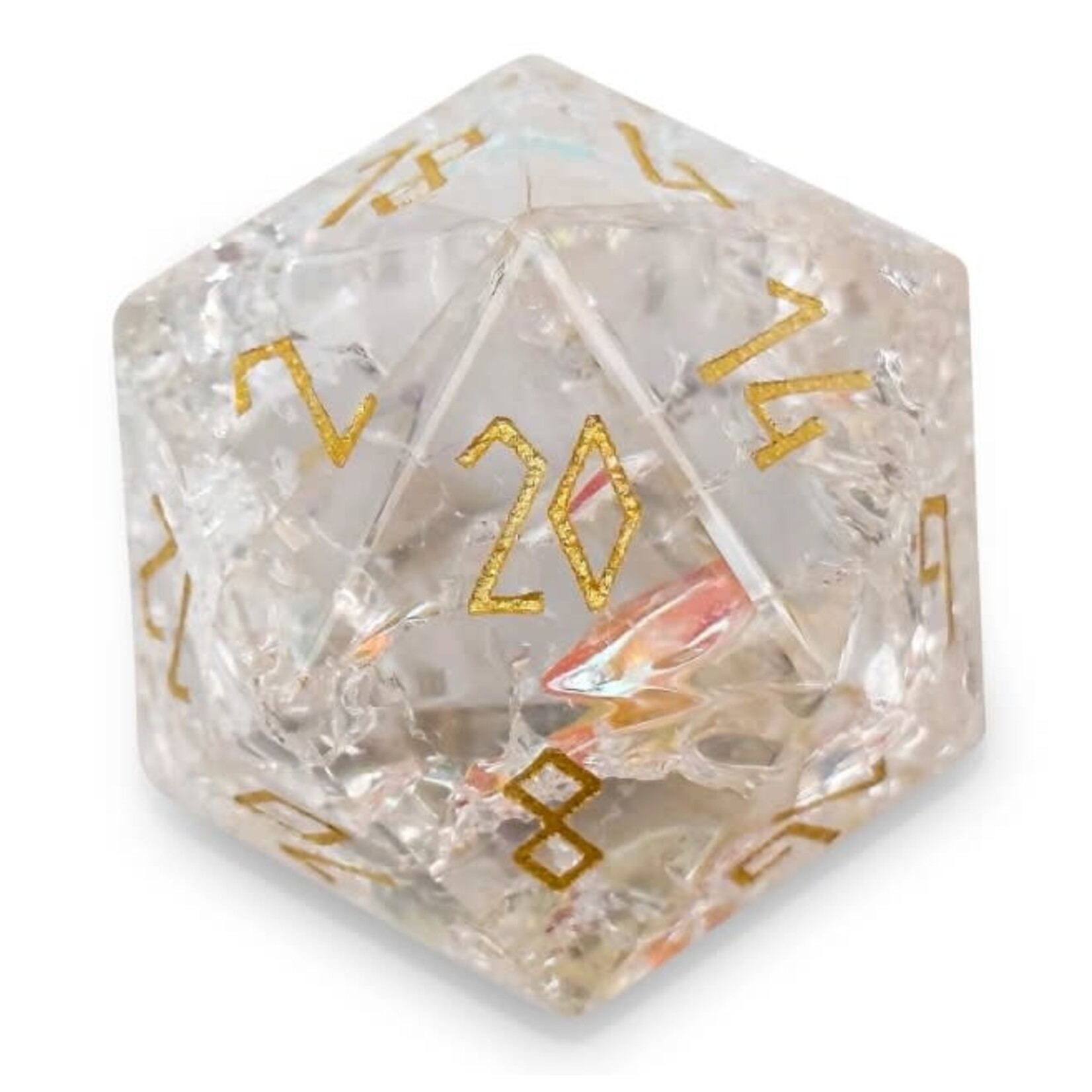 Norse Foundry Boulder 30mm Glass Dice - Shattered K9 Rainbow Glass with Gold Font