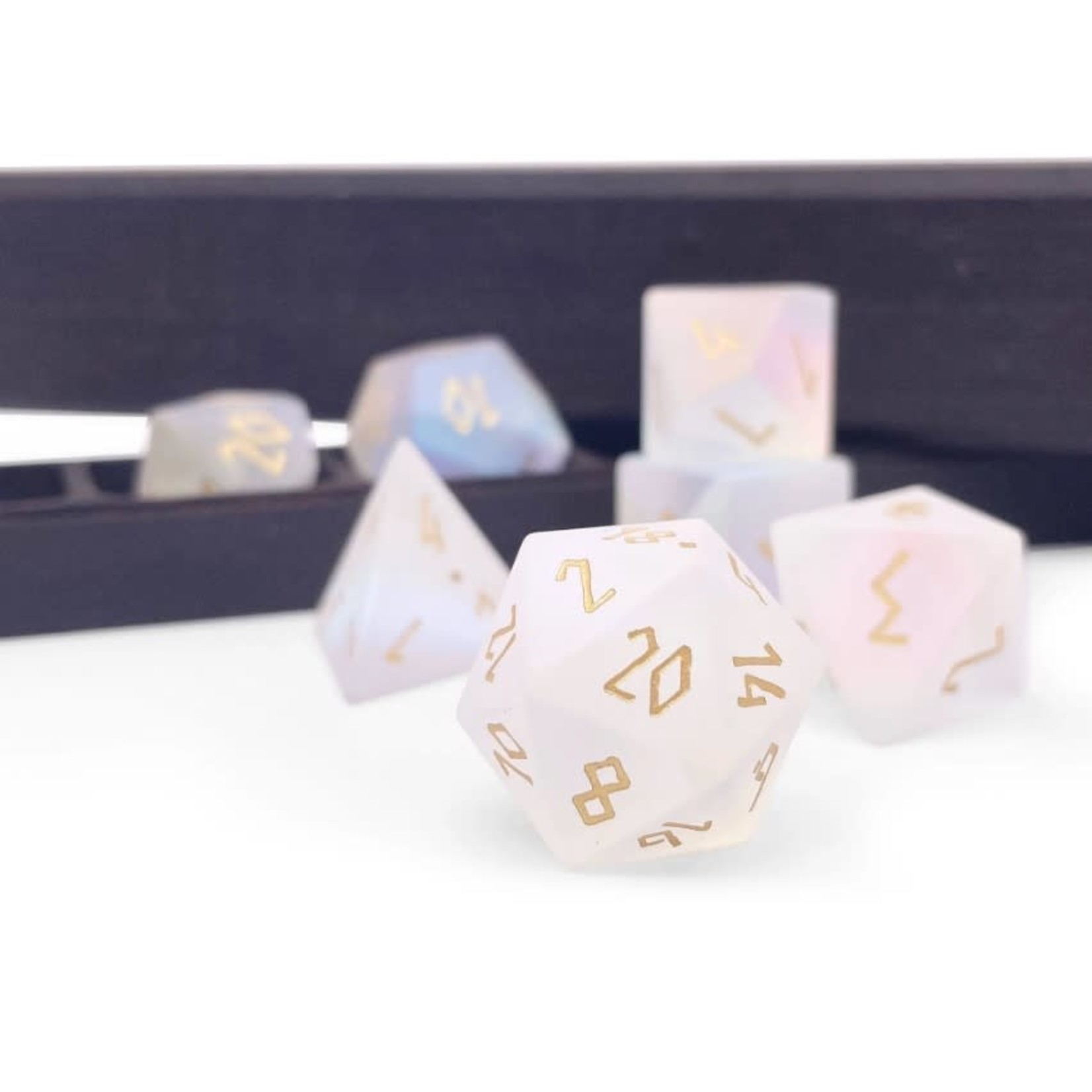 Norse Foundry Frosted K9 Rainbow Glass with Gold Font 7 Piece RPG Dice Set