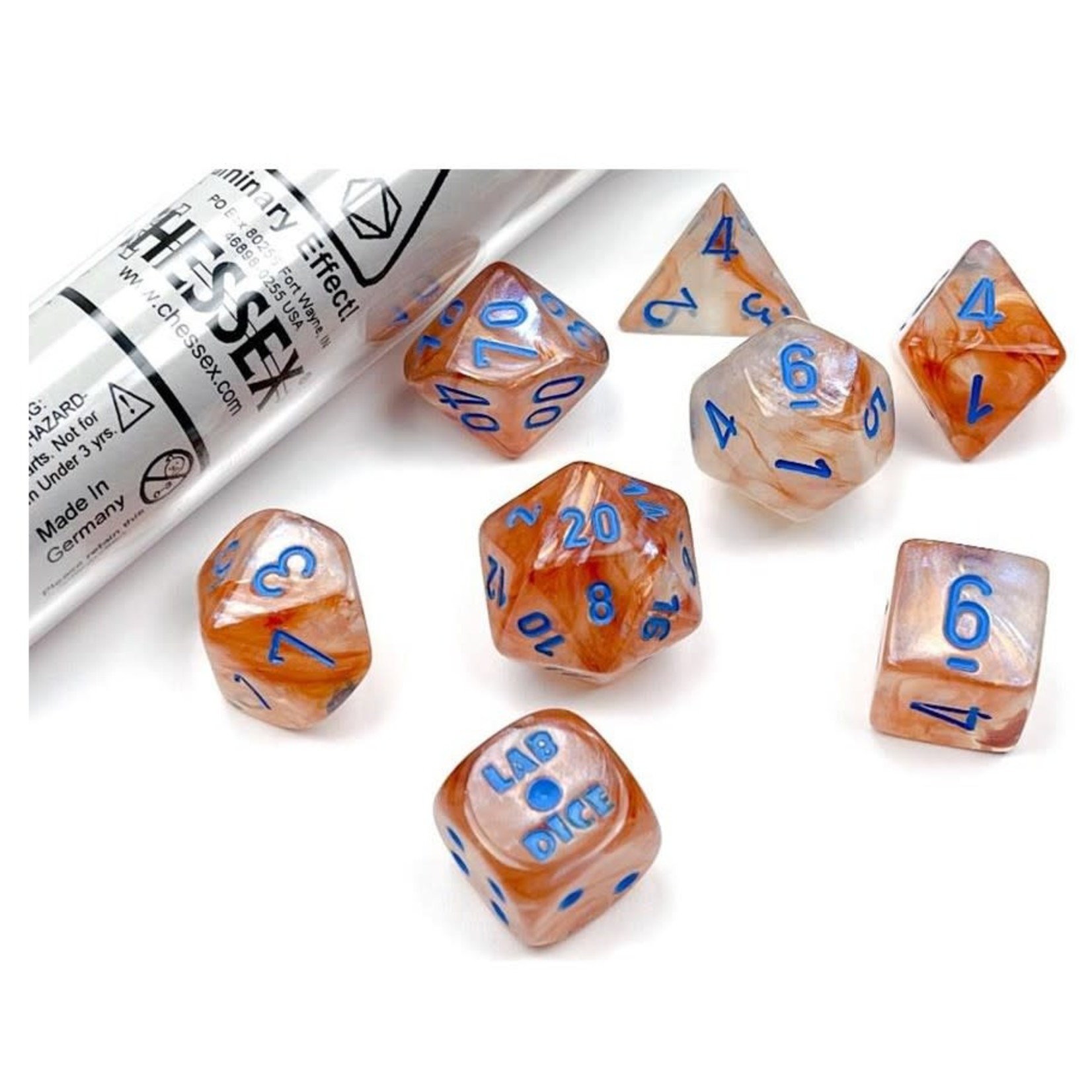 Chessex Lab Dice: Borealis Rose Gold with Light Blue Polyhedral 7-Die Set