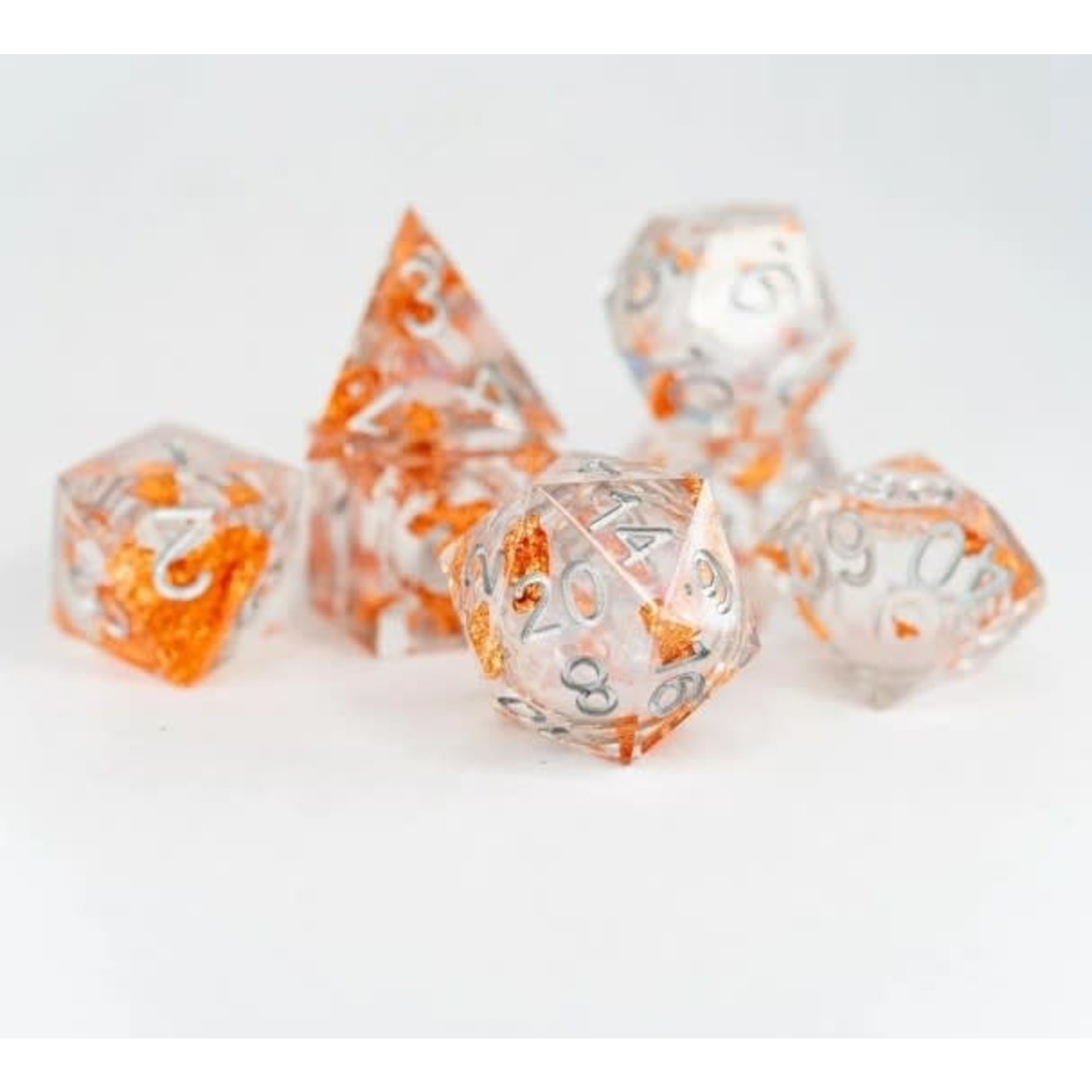 Emberglow Alms for Angels Sharp Edge Resin Liquid Core RPG Dice Set in Glass Vial